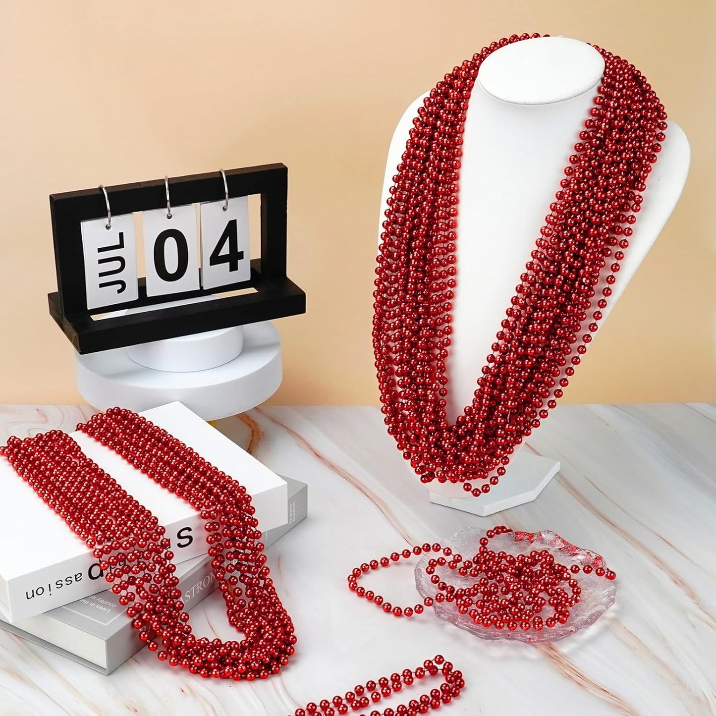 YAXINRUI 24 PCS Red Bead Necklaces, Red Christmas Mardi Gras Bead Necklaces, Valentine Necklace, 33 Inch Round Beaded Necklaces for Mardi Gras Christmas Valentine Festive Events, Party Favors