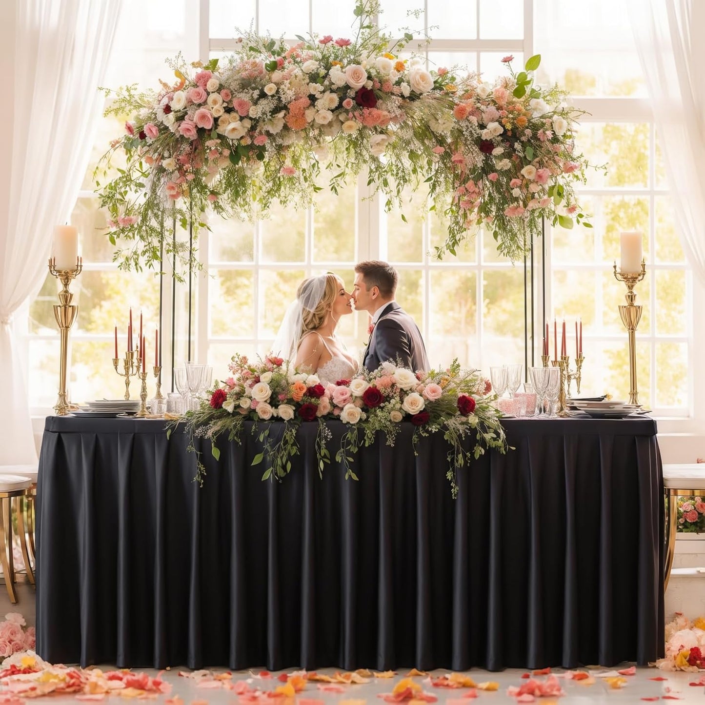 2 Pack Black Rectangle Tablecloth 6 FT Stretch Spandex Fitted Table Cloth for 6 Foot Rectangle Tables Banquet Tablecloths Wrinkle Free Table Cover Stitch Ruffle Table Skirt for Party Wedding Birthday