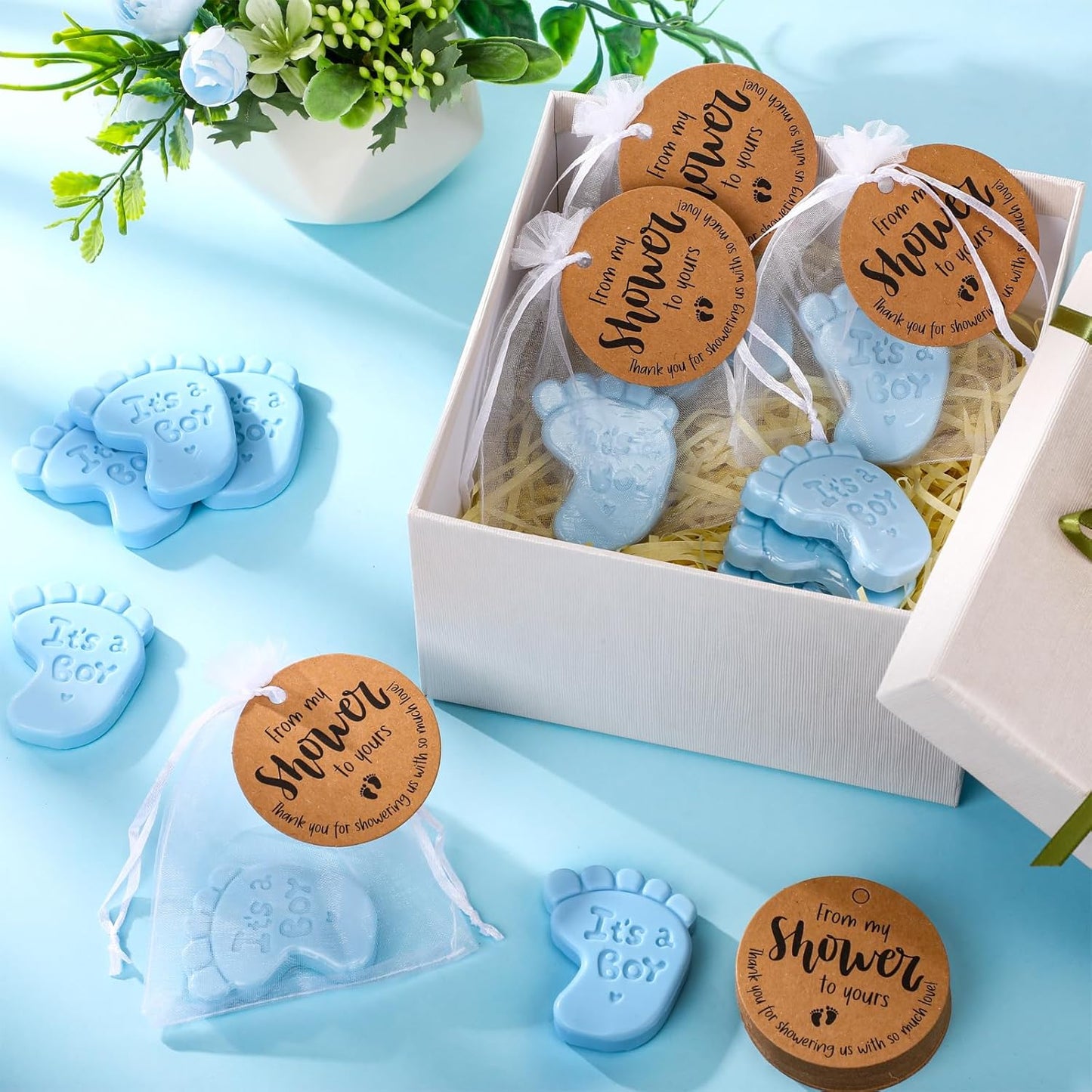 50 Sets Baby Shower Soap Favors for Guests Boy Girl Mini Handmade Scented Soaps with Thank You Tags and Organza Bags for Shower Gender Reveal Party Favors(It's A Boy,Blue Baby Feet)
