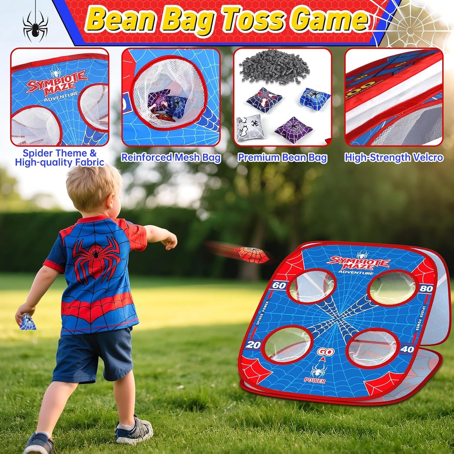 Spider Bean Bag Toss Game for Kids: 4-in-1 Cornhole Board Indoor Outdoor Toys for Kids Boys Girls 3 4 5 6 7 8 Year Old Birthday, Outside Activity Beach Backyard Lawn Family Party Game