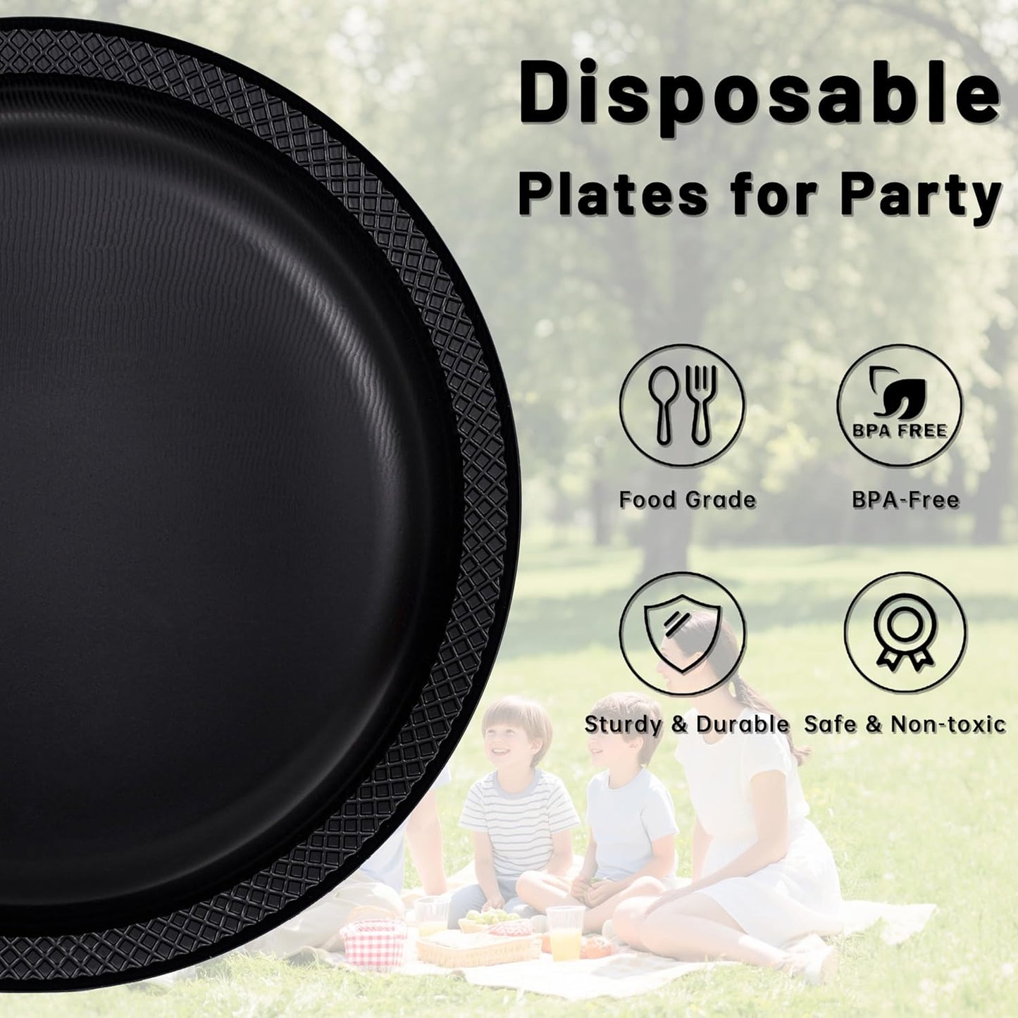 WELLIFE Black Plastic Plates 10 Inch 50 Count Disposable Plate for Party Halloween Plastic Plate, Large Big Plates for Dinner Party Supplies Birthday Camping BBQ
