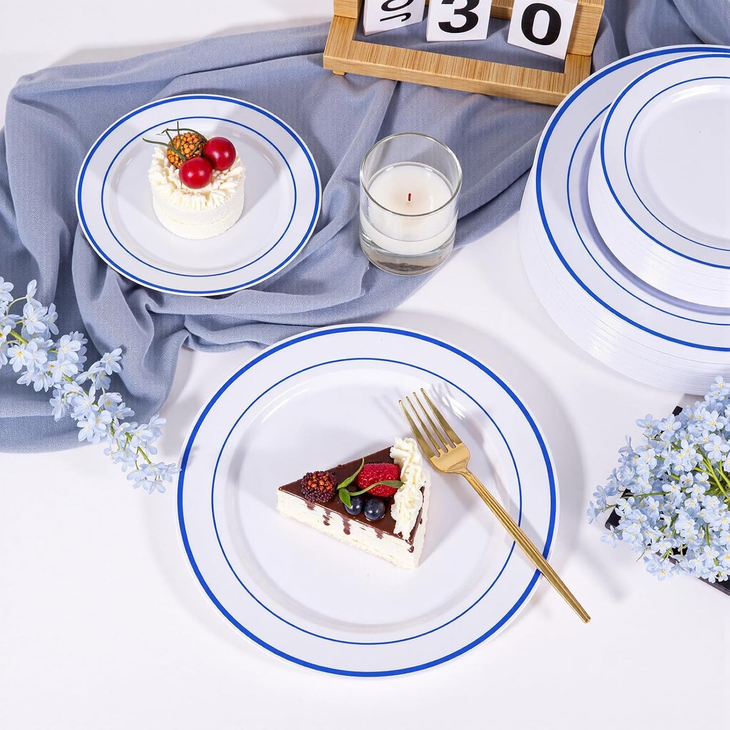 U-QE 100pcs Royal Blue Plastic Plates for Party - Blue and White Plates Disposable Heavy Duty - Include 50 10" Dinner and 50 7" Dessert Plate, Perfect for Party, Wedding, birthday