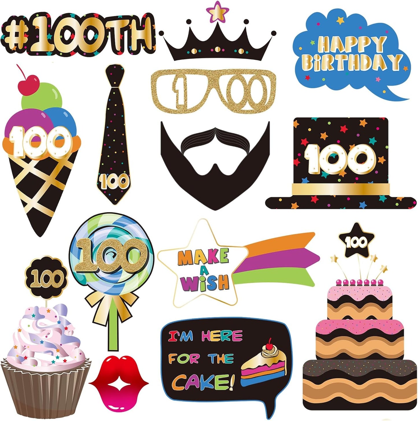 BRT Bearingshui 100th Birthday Party Photo Booth Props Accessories, 100th Happy Birthday Party Decorations Supplies Favors