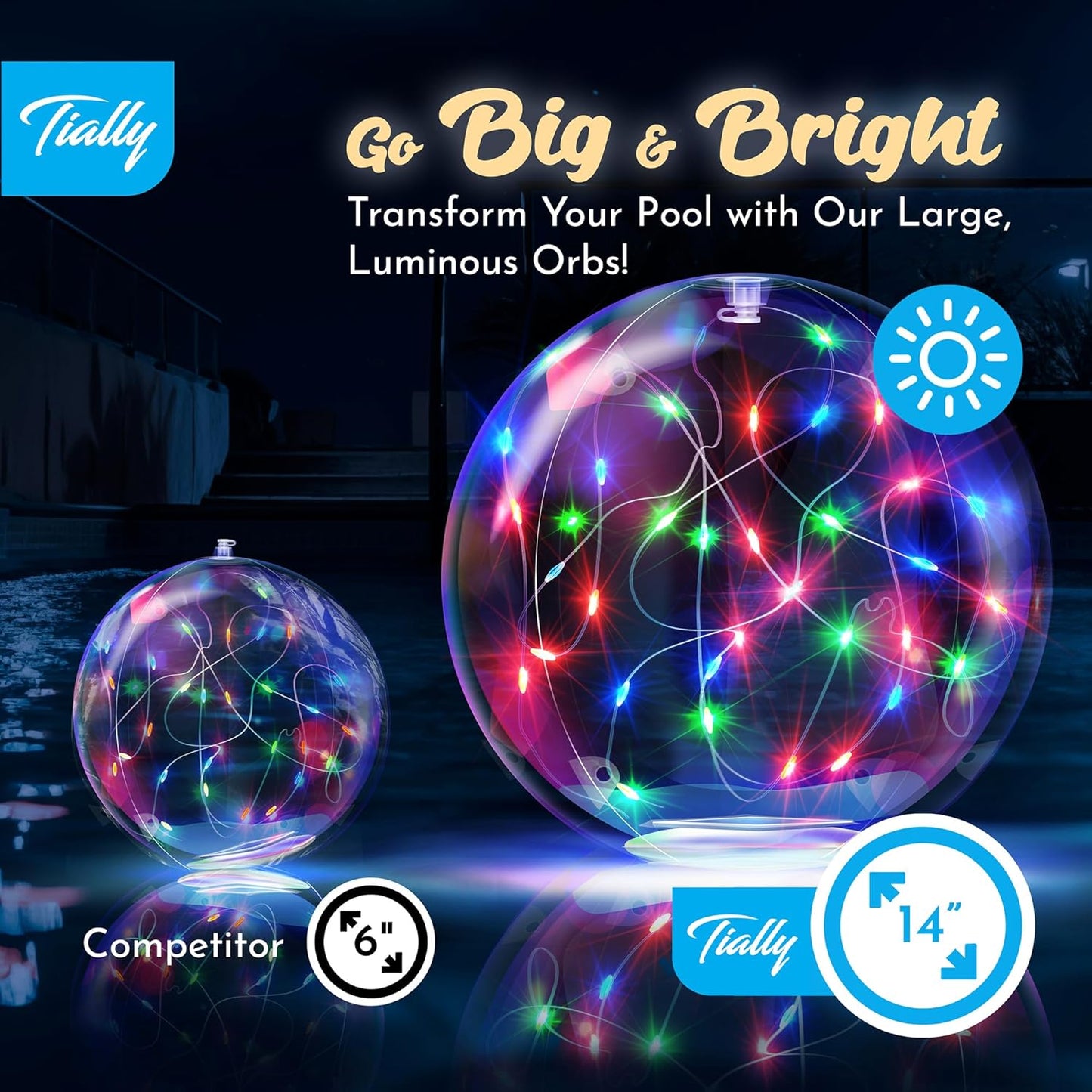 TIALLY Fairy Solar Floating Pool Lights - 14" Inflatable LED Pool Lights for Inground Pool, Waterproof Pool Lights That Float, Pool Decorations Outdoor, Best Gifts for Pool Owners - 2 Pack
