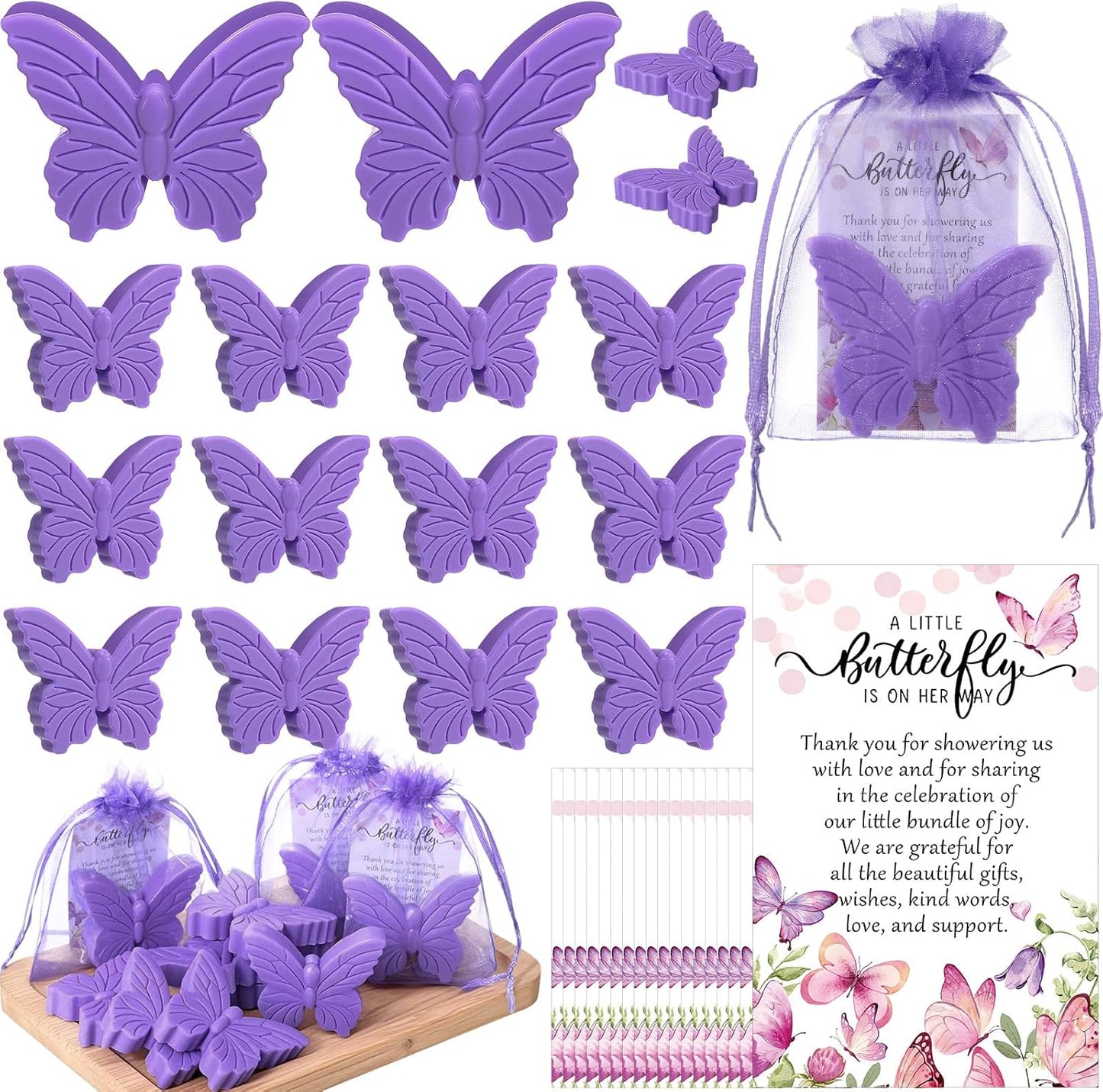50 Sets Butterfly Themed Baby Shower Favors Butterfly Soap with Thank You Cards Gift Bag for Guest Gender Reveal Party Decorations Baby Shower Game Prizes Wedding Favor(Purple)
