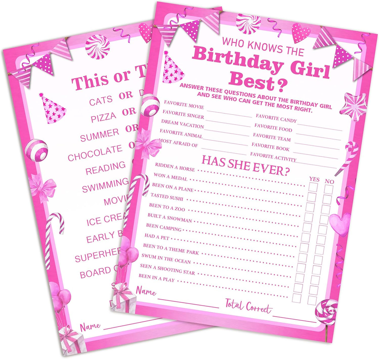 Birthday Party Games Card, Who Knows The Birthday Girl Best, Girls Sleepover Party Supplies for The Girls Card Game, 5x7 Inch Set of 25 Game Cards (Pink, Double-Sided) - A03