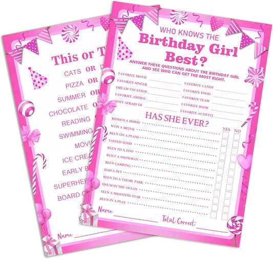 Birthday Party Games Card, Who Knows The Birthday Girl Best, Girls Sleepover Party Supplies for The Girls Card Game, 5x7 Inch Set of 25 Game Cards (Pink, Double-Sided) - A03