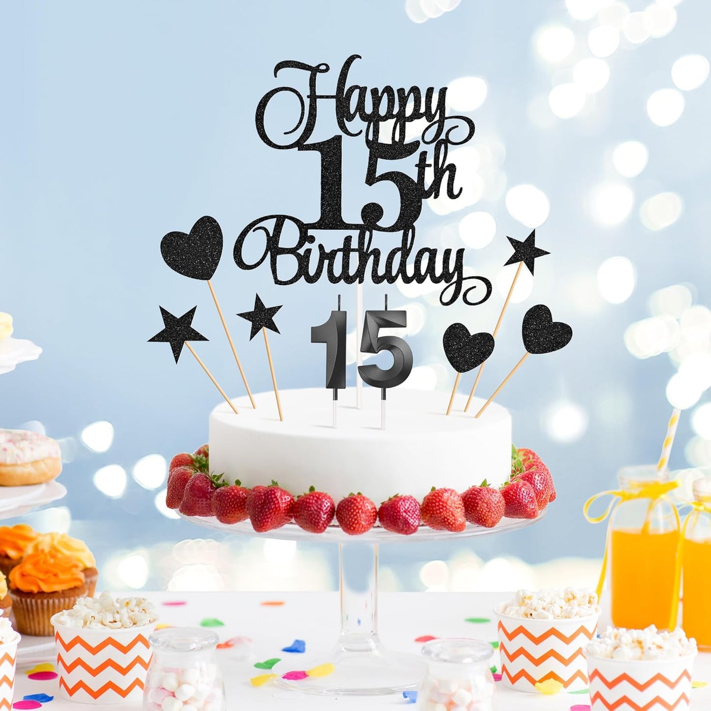 15th Birthday Cake Decorations, 15th Birthday Candles Cake Numeral Candles and Glitter Happy 15th Birthday Cake Toppers Set for Birthday Party Supplies (Black)