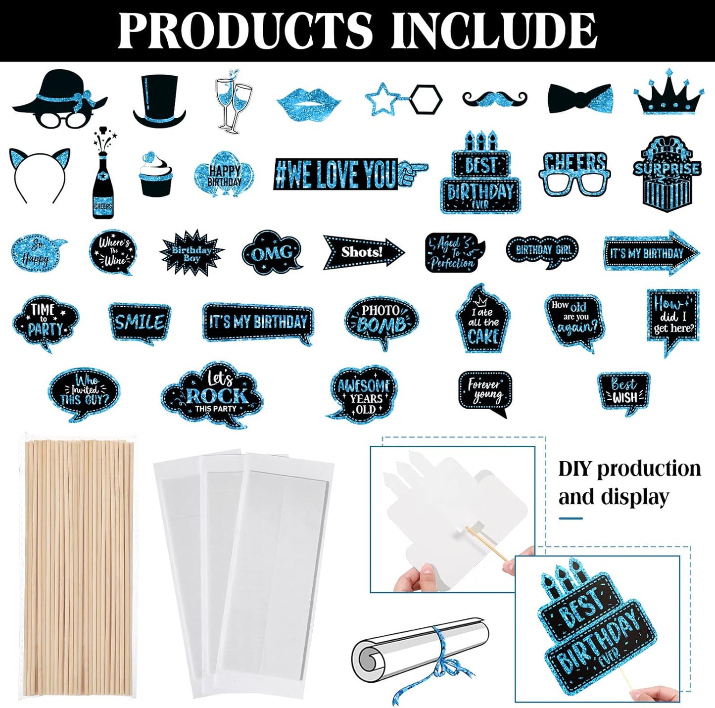 Outus 36 Pcs Birthday Photo Booth Props Kit Happy Birthday Graduation Wedding Party Favors Supplies Bday Party Decor 40th- 50th-60th Photobooth Funny Cute Holiday Selfie Supplies(Blue and Black)
