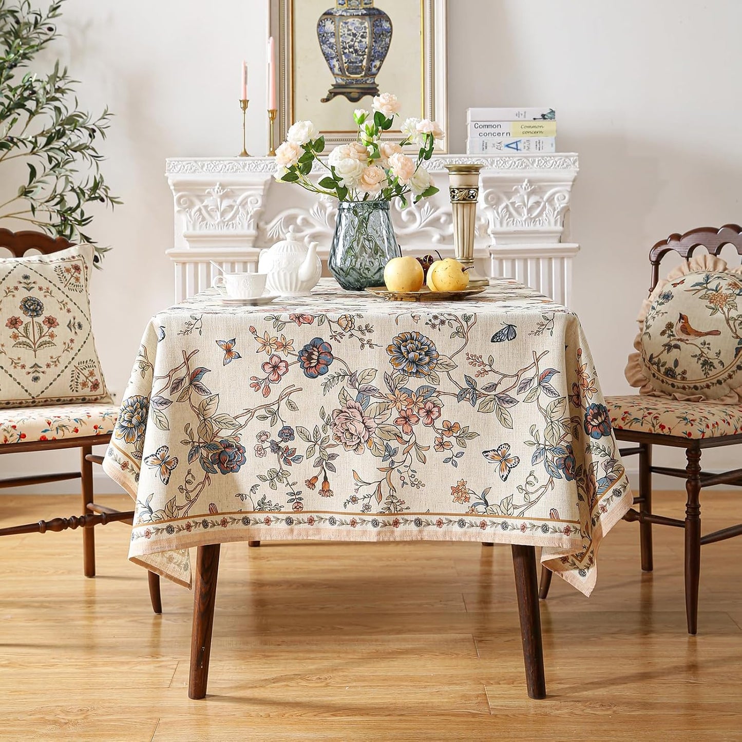 ISAENNE Designer French Light Beige Table Cloth for Rectangle Table,Linen Florals and Birds Pattern Tablecloth,Durable Decorative Tablecloths for Dining Thanksgiving Kitchen,55"*79"-Cornucopia