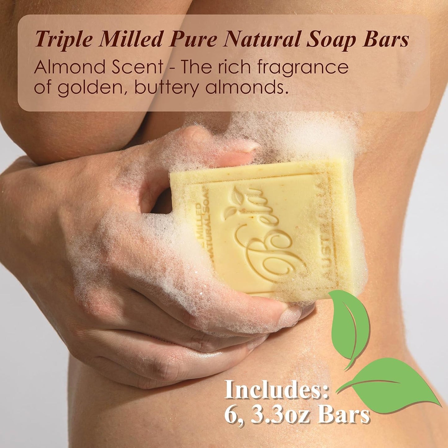 BELA Almond Soap 3.3 oz Pack of 6, French Triple Milled with Organic Shea Butter, Hand Face and Body Wash Bar Made in Australia