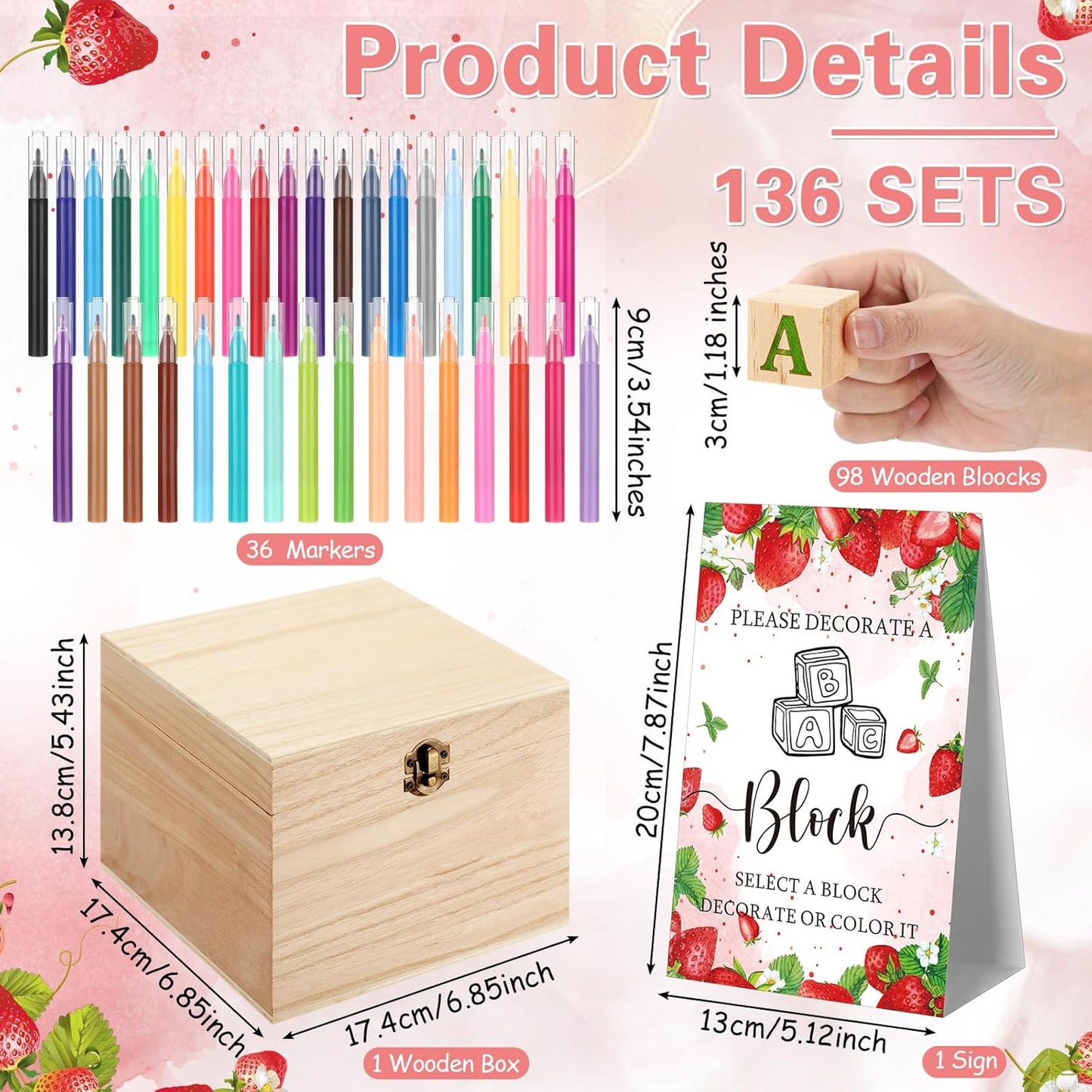 Marsui 136 Pcs Baby Shower Blocks to Decorate Game Kit Includes 98 Wooden Blocks, 36 Markers, 1 Game Sign, 1 Storage Box for Baby Shower Gender Reveal Activity Party Decorations(Strawberry)