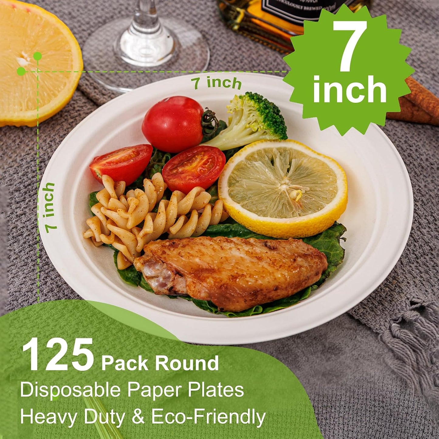 WELLIFE 7 Inch Paper Plates, 125-Pack Small Dessert Paper Plates Bulk, 100% Compostable Biodegradable Bagasse, Eco-Friendly Disposable Plate for Dessert,BBQ,Picnic,Party (BPI Certified,Microwaveable)