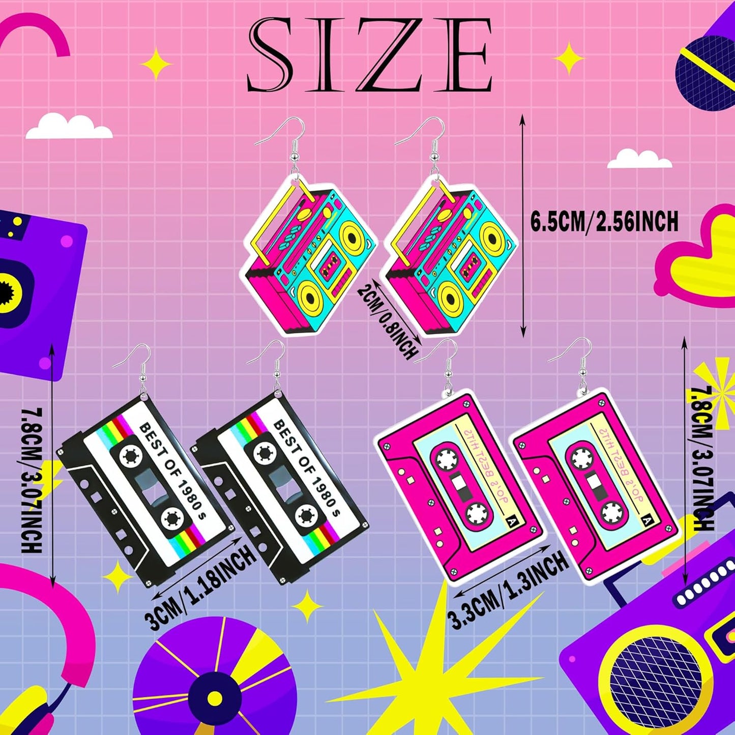 80s 90s Neon Earrings for Women Retro Cassette Tape Hoop Earring Candy Color Lightweight Acrylic Stud Dangle Earrings for 80S Costume Outfits Dancing Glow Party Accessories