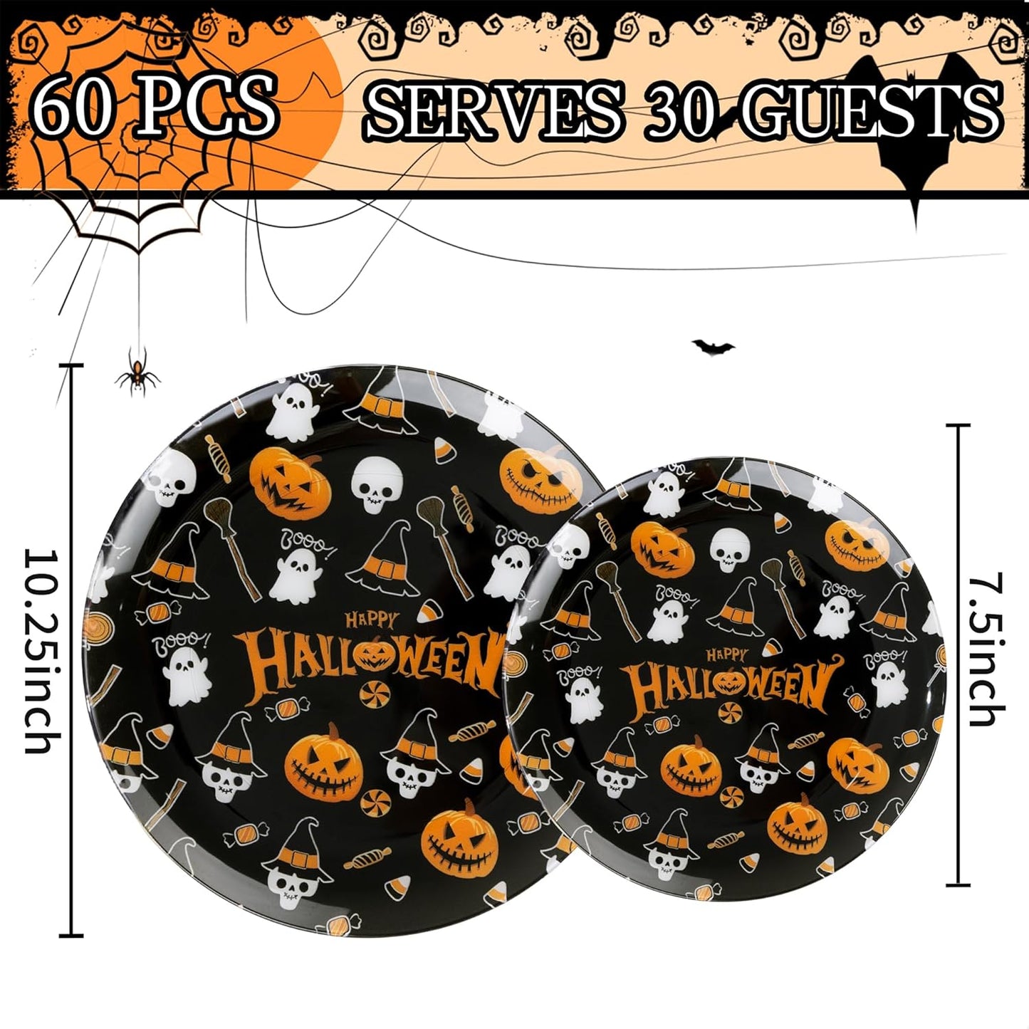 I00000 60 Pcs Halloween Plastic Plates Serve 30 Guests Include: 30 Dinner Party Plate, 30 Dessert Plastic Plate Disposable, Halloween Disposable Plates Perfect for Ghost-Themed Parties and Events