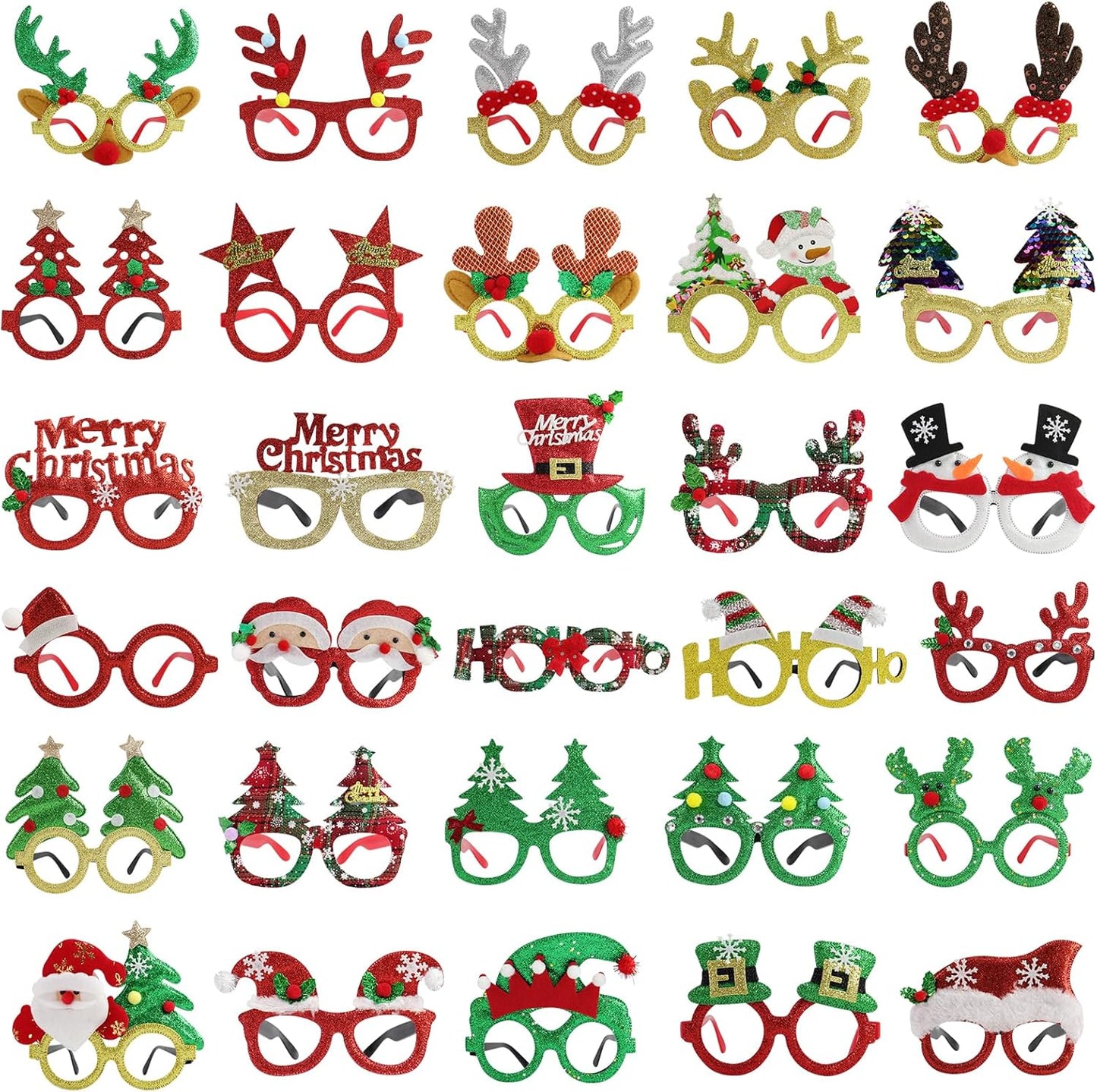 30Pcs Christmas Glasses for Kids & Adults, Festive Glitter Party Eyewear for Family Classroom Christmas Parties, Holiday Photo Booth Props Decorations Games Favors Accessories