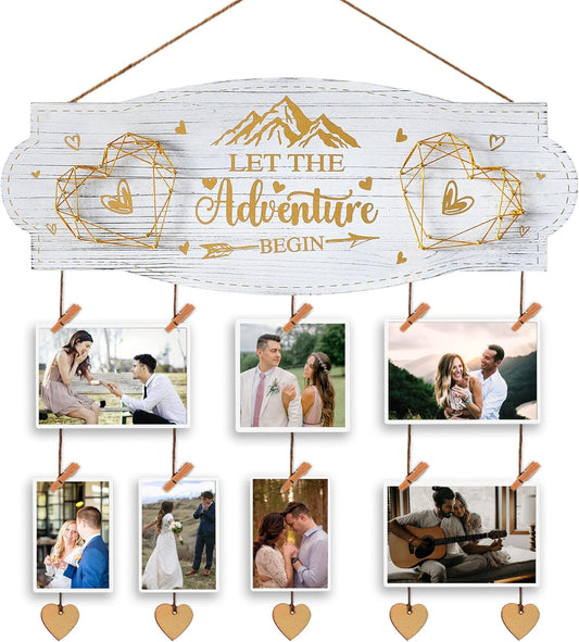 Yudarte Wedding Engagement Gifts for Women Bride to Be - Romantic Wall Picture Display Board with Clothespins and Twine for Newly Engaged Couples - Let the Adventure Begin