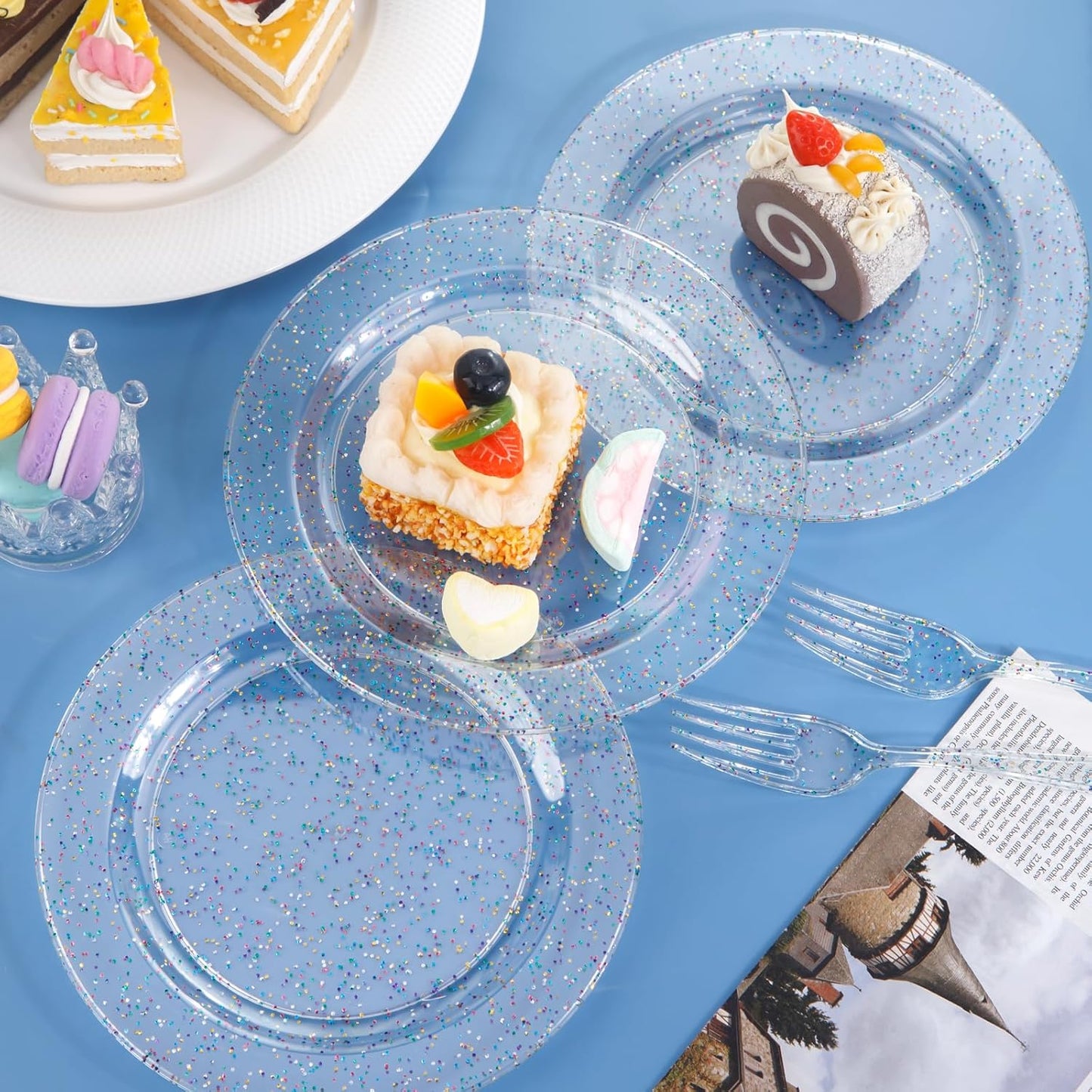 Liacere 100Pieces Colored Glitter Plastic Plates- Clear- Dessert Plates -7.5inch Glitter Plastic Dinner Plate Perfect for Wedding & Party & Birthday&Halloween