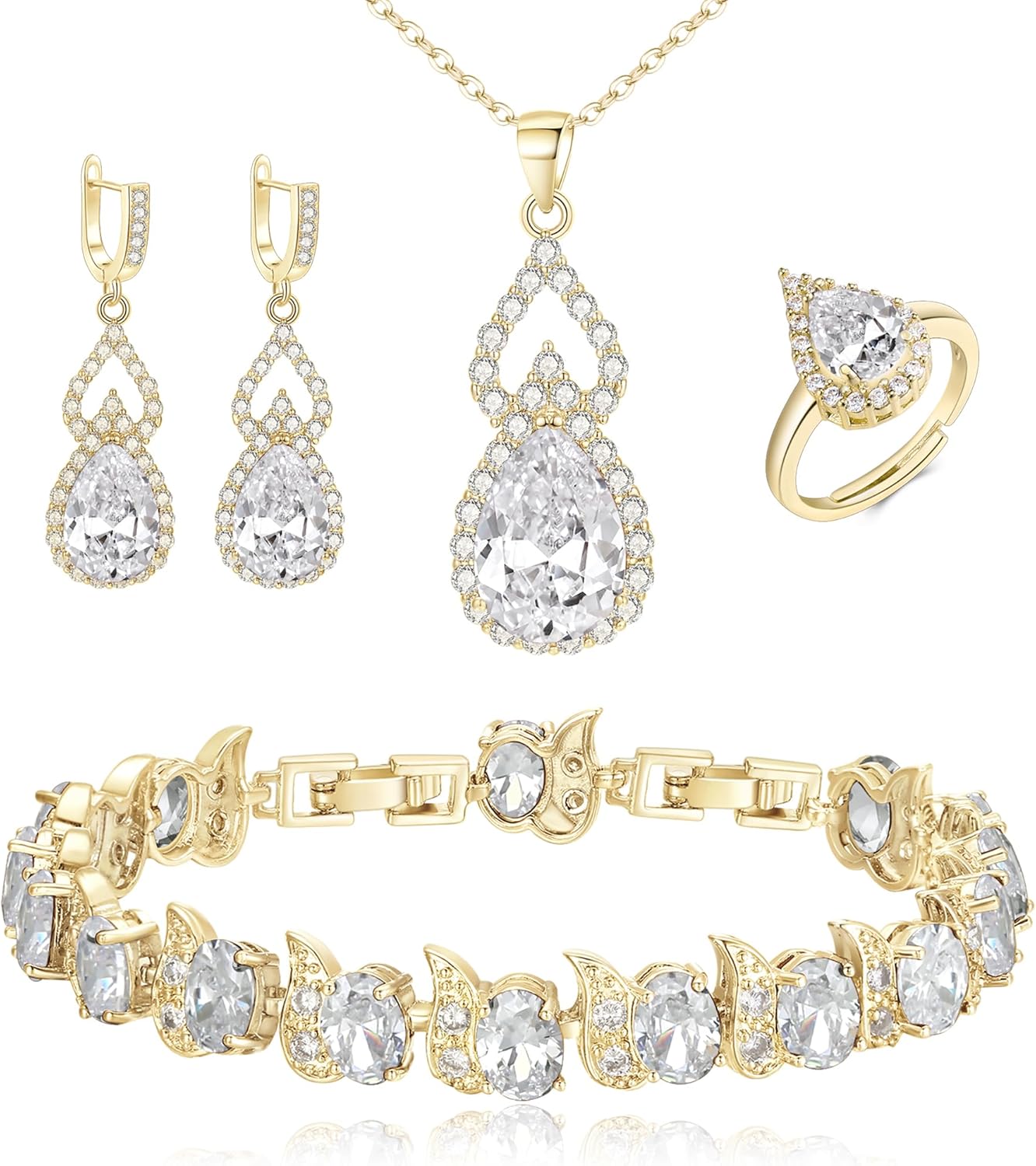 BriLove Wedding Jewelry Set for Women Bride Bridesmaid, Gorgeous Cubic Zirconia Teardrop Necklace Earrings Bracelet Adjustable Ring Jewelry Gift for Birthday/Anniversary/Mother’s Day