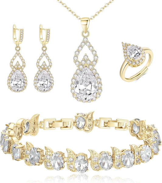 BriLove Wedding Jewelry Set for Women Bride Bridesmaid, Gorgeous Cubic Zirconia Teardrop Necklace Earrings Bracelet Adjustable Ring Jewelry Gift for Birthday/Anniversary/Mother’s Day
