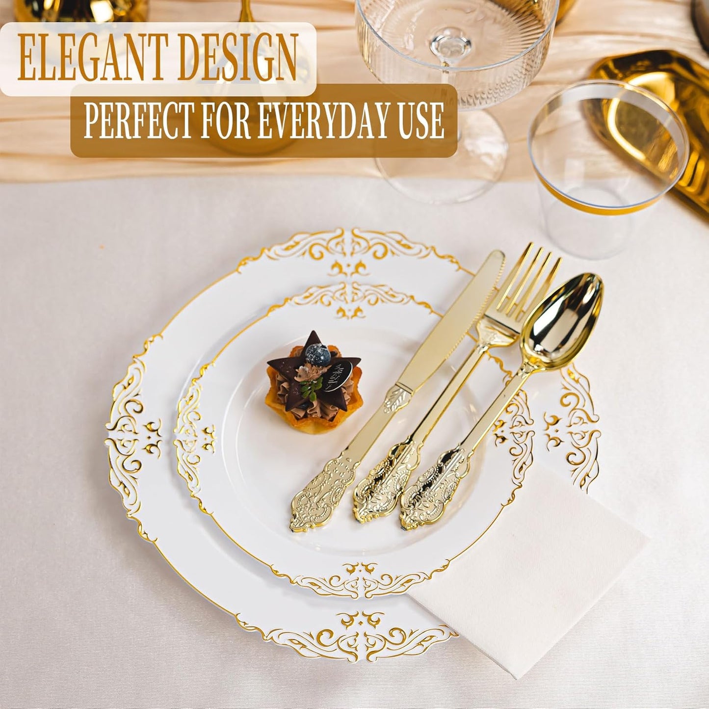 350PCS Gold and White Plastic Plates, Gold Plastic Dinnerware Sets for 50 Guests, 100 Disposable Plates, 150 Silverware, 50 Cups, 50 Napkins for Party and Wedding