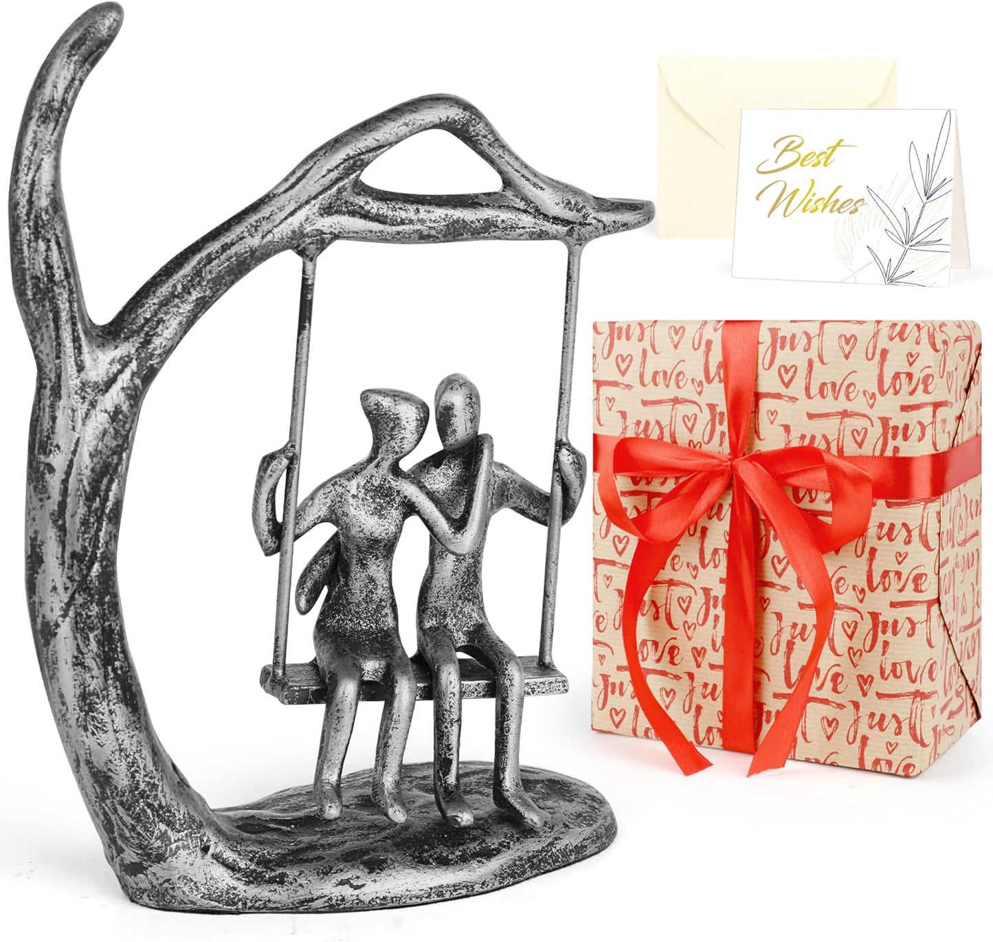 Anniversary Wedding Gifts for Couple/Her - Romantic Couple Statue in Love, Antique Silver Metal Figurine Sweet Loving Together Iron Sculpture Decor, Birthday Gifts for Wife Husband