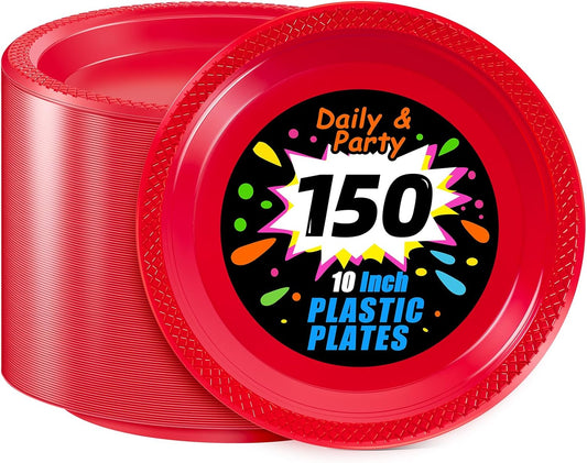 WELLIFE Red Party Plates 10 Inch -150 Count, Plastic Disposable Plates for Dinner Party Easter Mother's Day