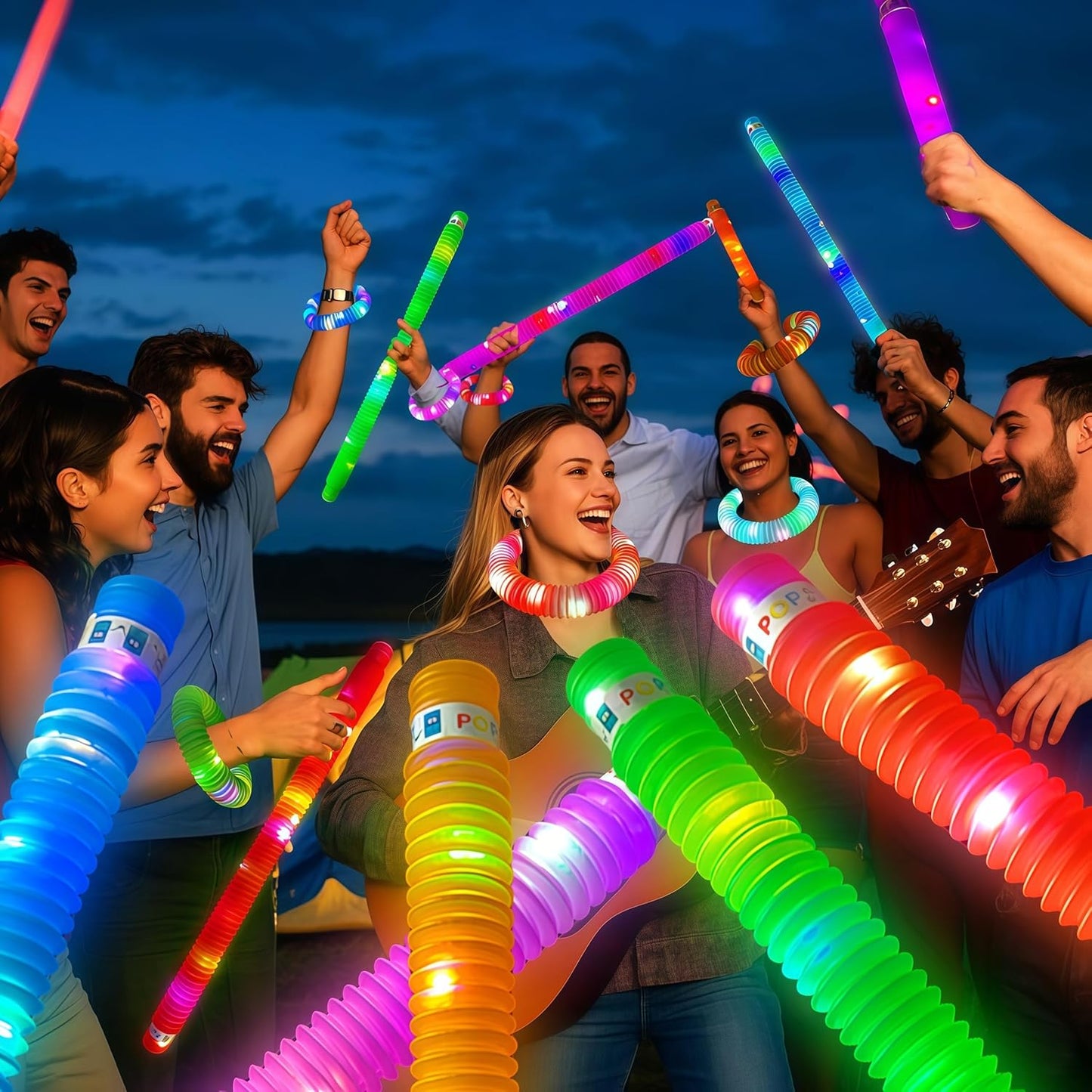 OceanWings 12PC Lights up Pop Tube Set for Kids Adults,Christmas Glow Sticks Stretchy Tube Fidget Toys for Classroom Prizes Birthday Concert Glow in The Dark Party Supplies Favor for Boys Girls