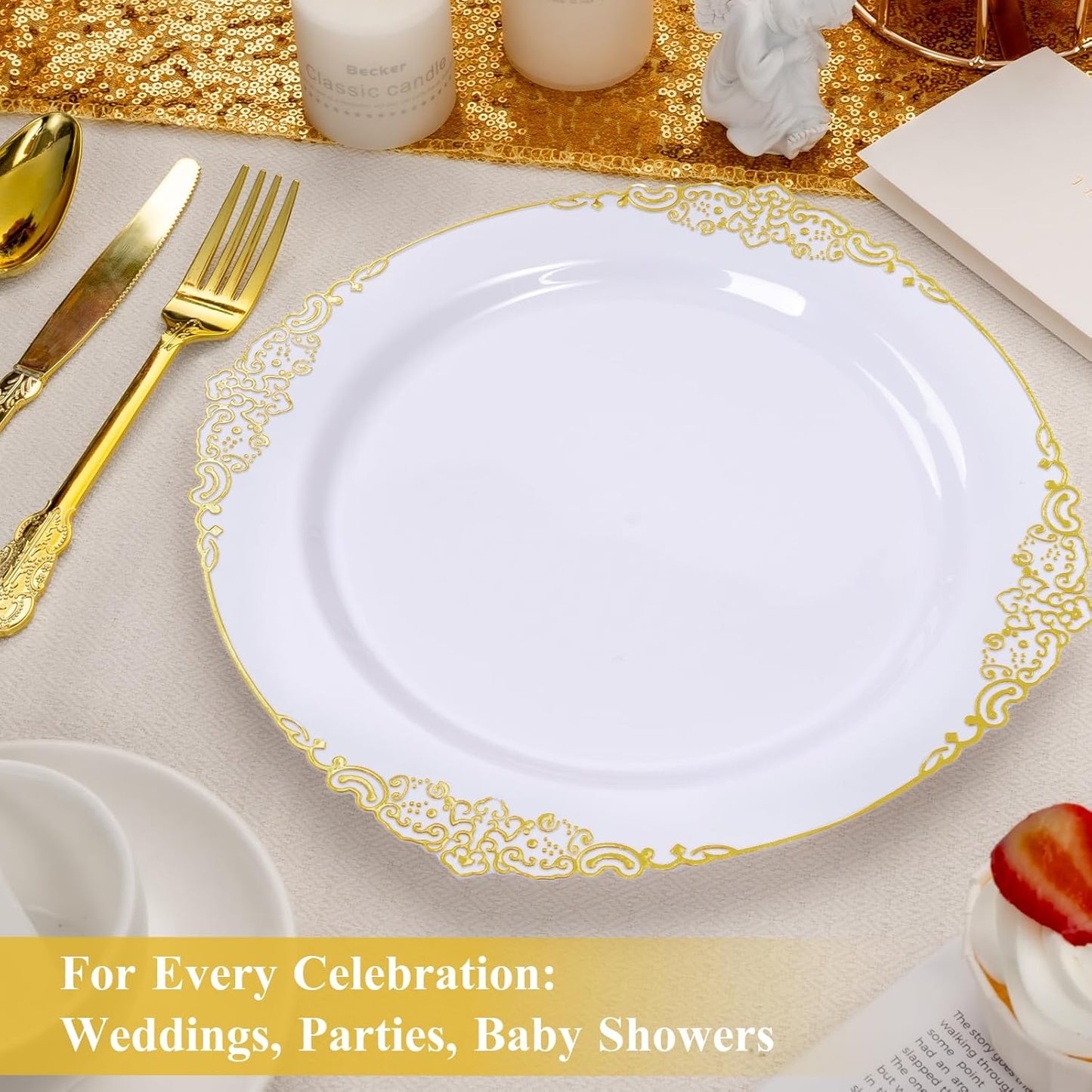 Goodluck 100PCS White and Gold Plastic Plates – 10.25” Heavy Duty Disposable Dinner Plates & Party Plates for Weddings, Parties, Events – Elegant, Sturdy
