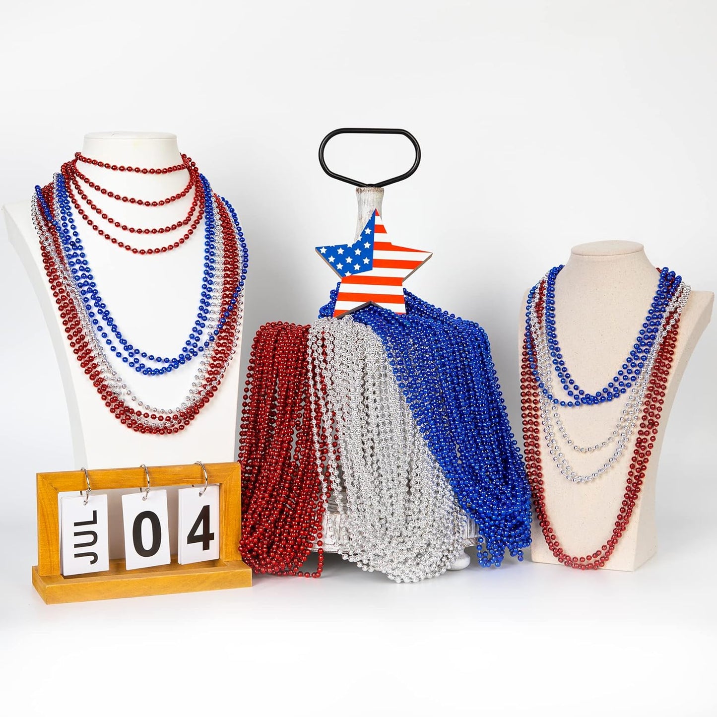 4th of July Necklace Decorations, 24PCS Veterans Day Beads Party Favors Bulk, Veterans Day Red Blue Silver Necklace, Independence Day Bead Bulk for Patriotic Parade Party Celebration Favors Decor
