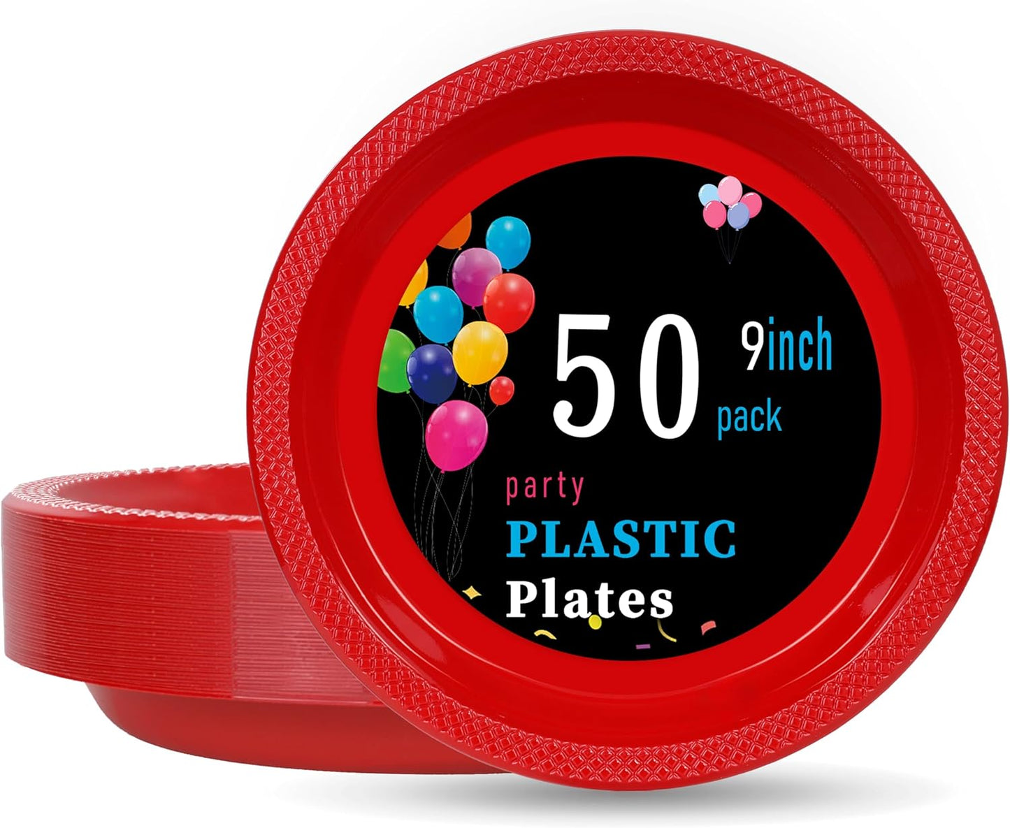 WELLIFE 9 Inch Plastic Plates Red 50 Count Disposable Plate for Party, Plates for Dinner Dessert Supplies Birthday Camping BBQ Baby Shower