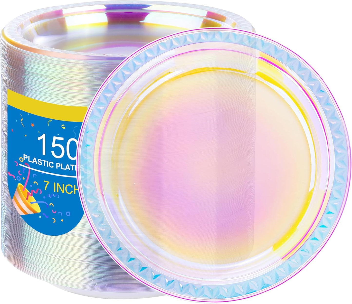 WELLIFE Iridescent Plastic Plates 7 Inch, 150 Count Disposable Plastic Dessert Party Plates for Easter Valentine's Day Disco Party Decor Wedding Birthday Baby Bridal Shower