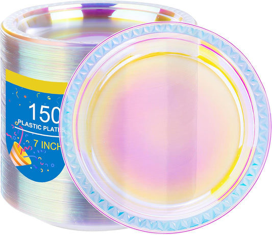 WELLIFE Iridescent Plastic Plates 7 Inch, 150 Count Disposable Plastic Dessert Party Plates for Easter Valentine's Day Disco Party Decor Wedding Birthday Baby Bridal Shower