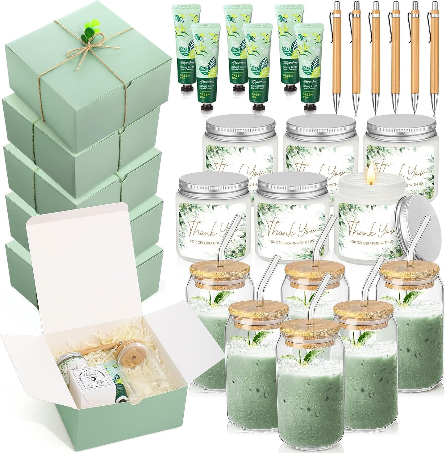 6 Sets Baby Shower Game Prizes for Winners, Glass Cup Scented Candles Hand Cream Pens Gift Box with Raffia for Baby Shower Wedding Bridal Favors for Guests(Green)