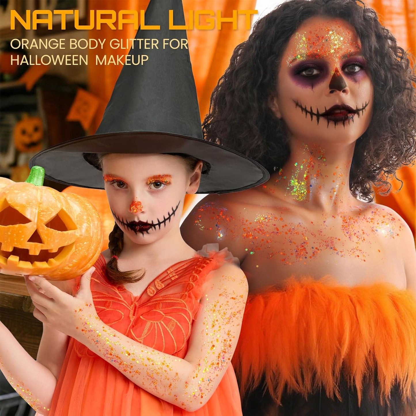 Teenitor Orange Glow in The Dark Glitter Gel, Orange Body Glitter Face Glitter for Halloween Makeup UV Black Light Festival Party Cheer Makeup