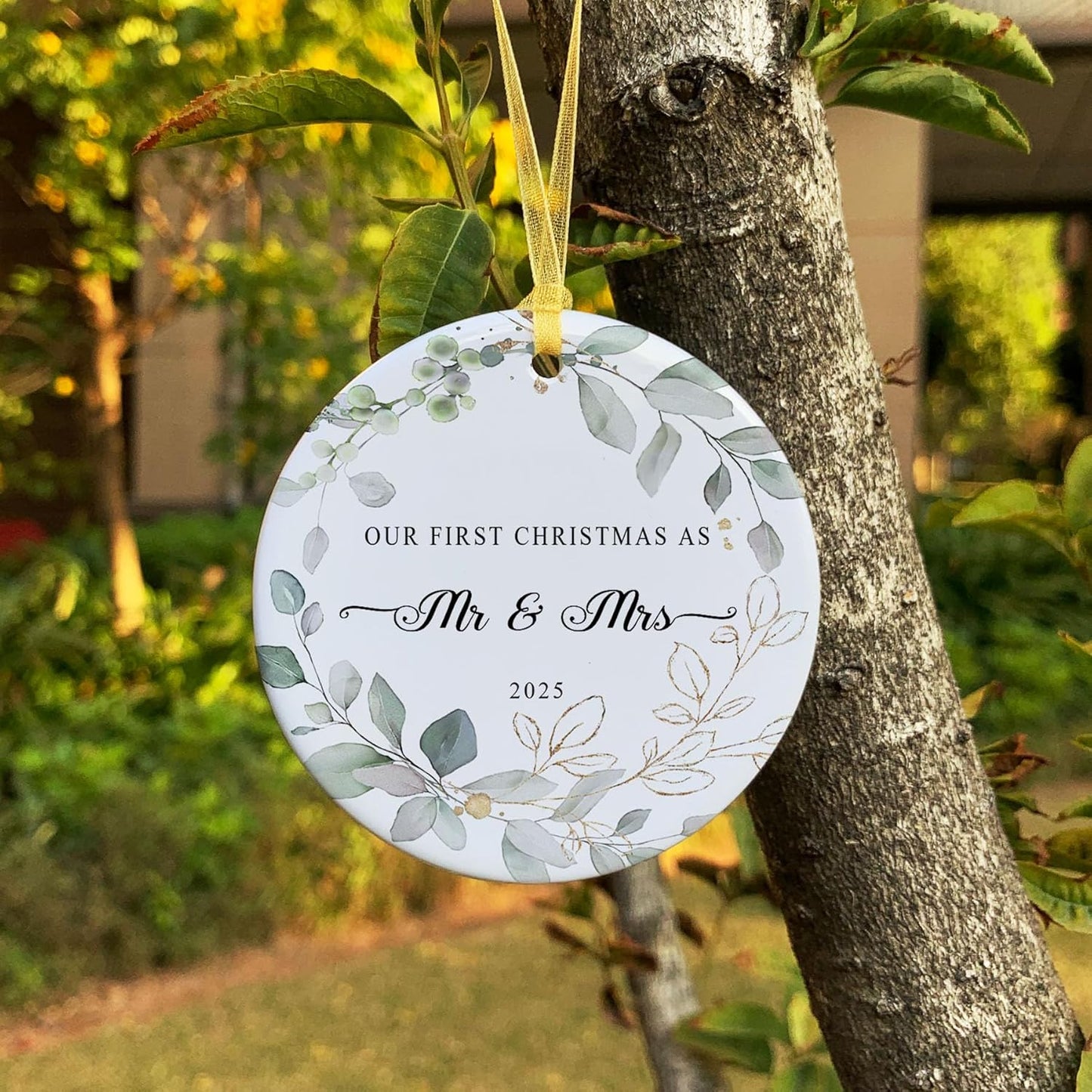 Our First Christmas Married Ornament 2025,Wedding Gifts for Couples Unique Decoration,First Year Newlywed Mr and Mrs Hanging 2.9" Ceramic Round Ornament