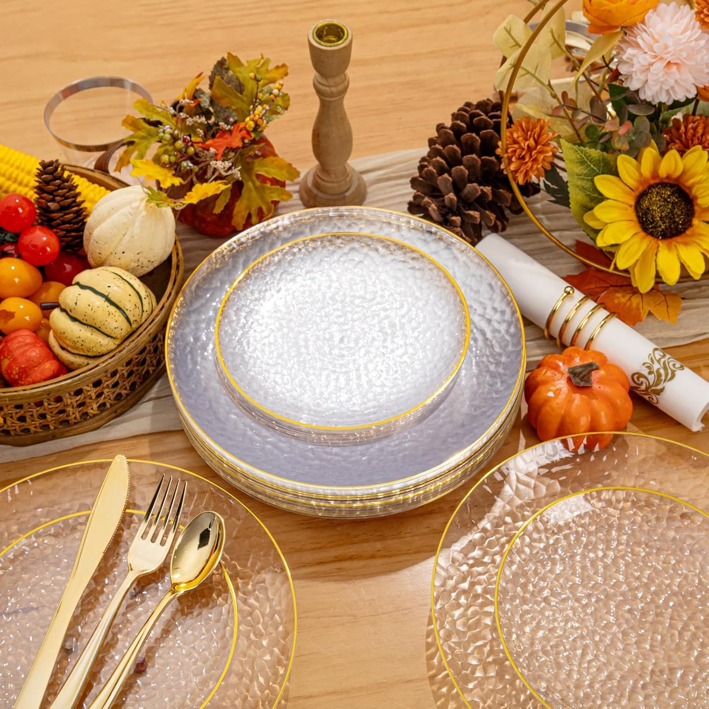 Rubtlamp 350 Pcs Clear Gold Plastic Plates, Hammered Disposable Dinnerware, Clear-Gold Plates Set Include 100 Plastic Platos, 150 Gold Disposable Silverware, 50 Cups And 50 Napkins for Thanksgiving