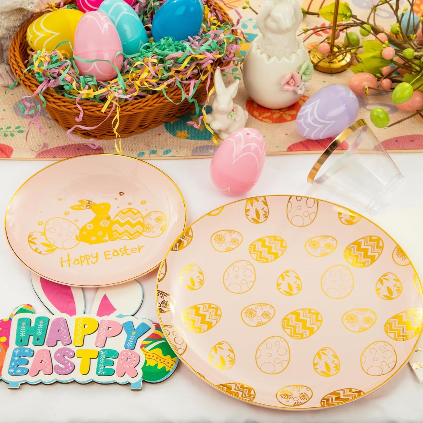 GATHER 175Pcs Easter Plates with Gold Bunny - Pink Plastic Plates Dinnerware Includes 25 Easter Egg Plates and 25 Dessert Plate, 25 Silverware, 25Cups, 25 Napkins, Perfect for Easter Party