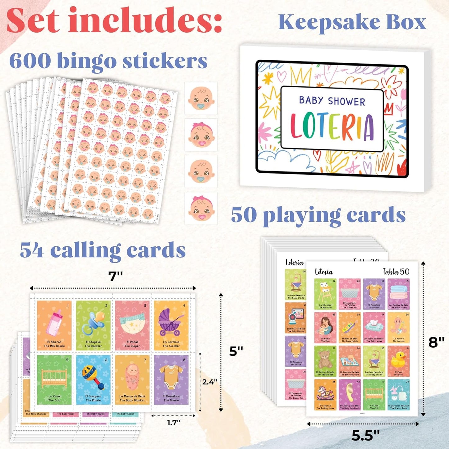 Baby Shower Loteria Bilingual - Baby Loteria For Babies Shower Games Spanish And English, Funny Party Bingo Game For 50 Players