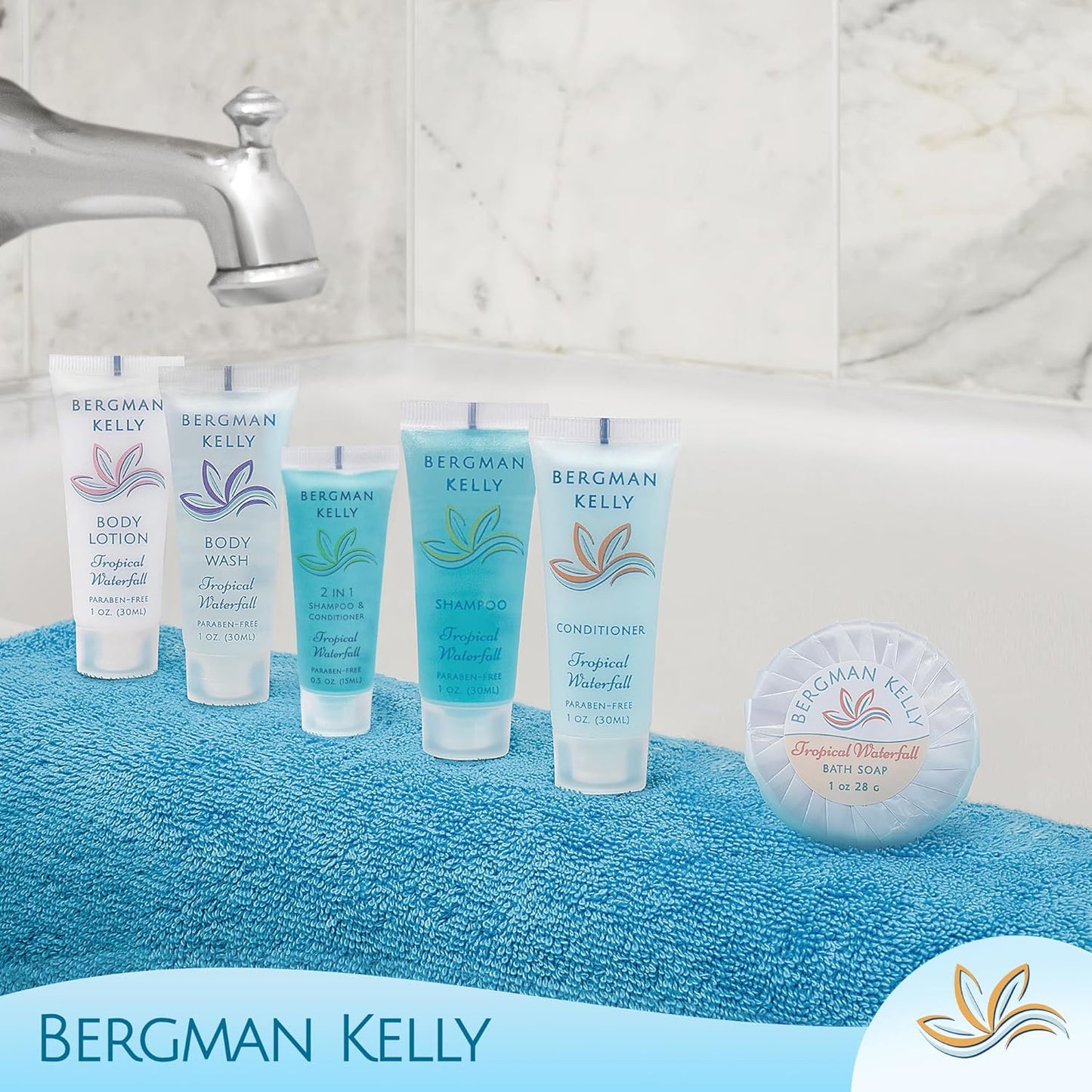 BERGMAN KELLY - Hotel Soap Bars in Bulk - Tropical Waterfall, 1 oz, 200 PK - Small Individually Wrapped Round Soap - Travel Size Mini Toiletries for Airbnb, Motel, Guest Bathroom