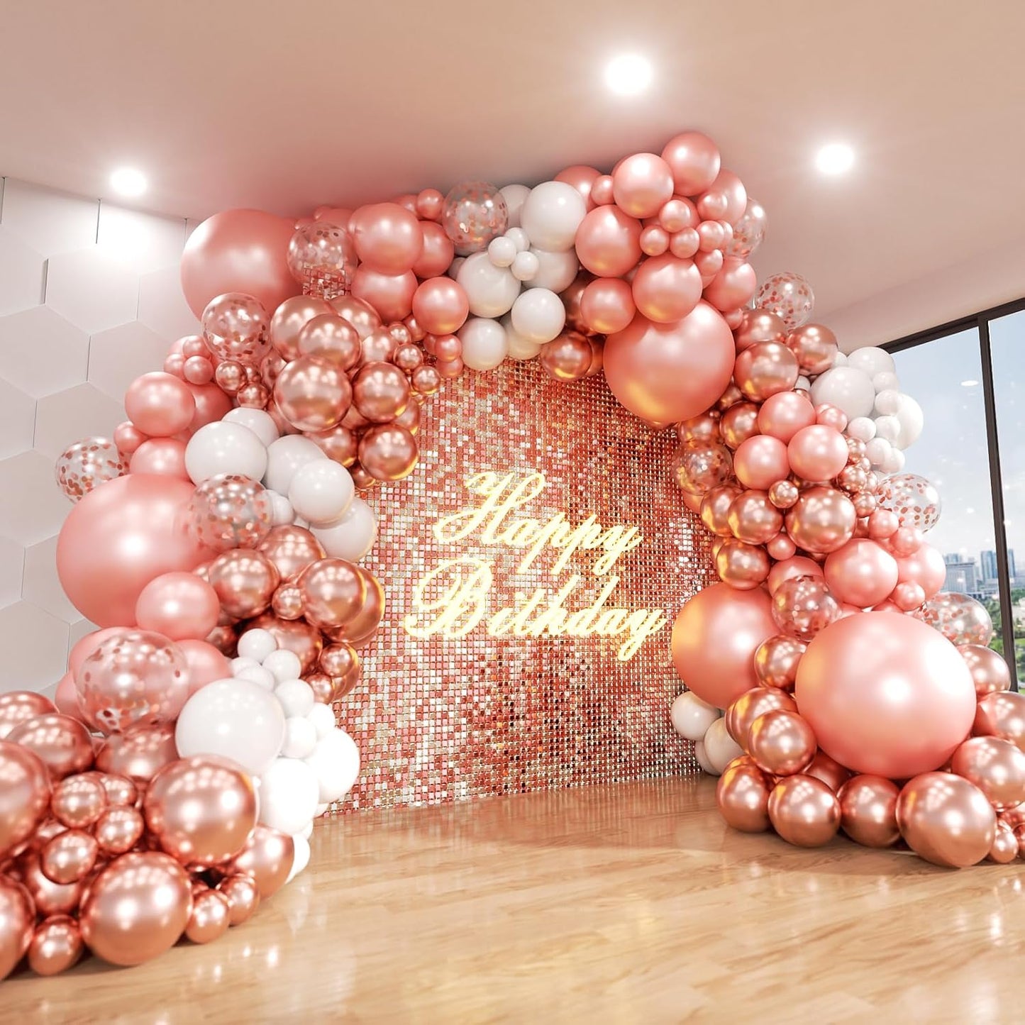 Rose Gold Balloons Arch Kit, 140Pcs Metallic Rose Gold White Balloon 18 12 10 5 Inch Different Size Balloons Garland Kit for Birthday Party Bridal Shower Wedding Girls Engagement Decorations