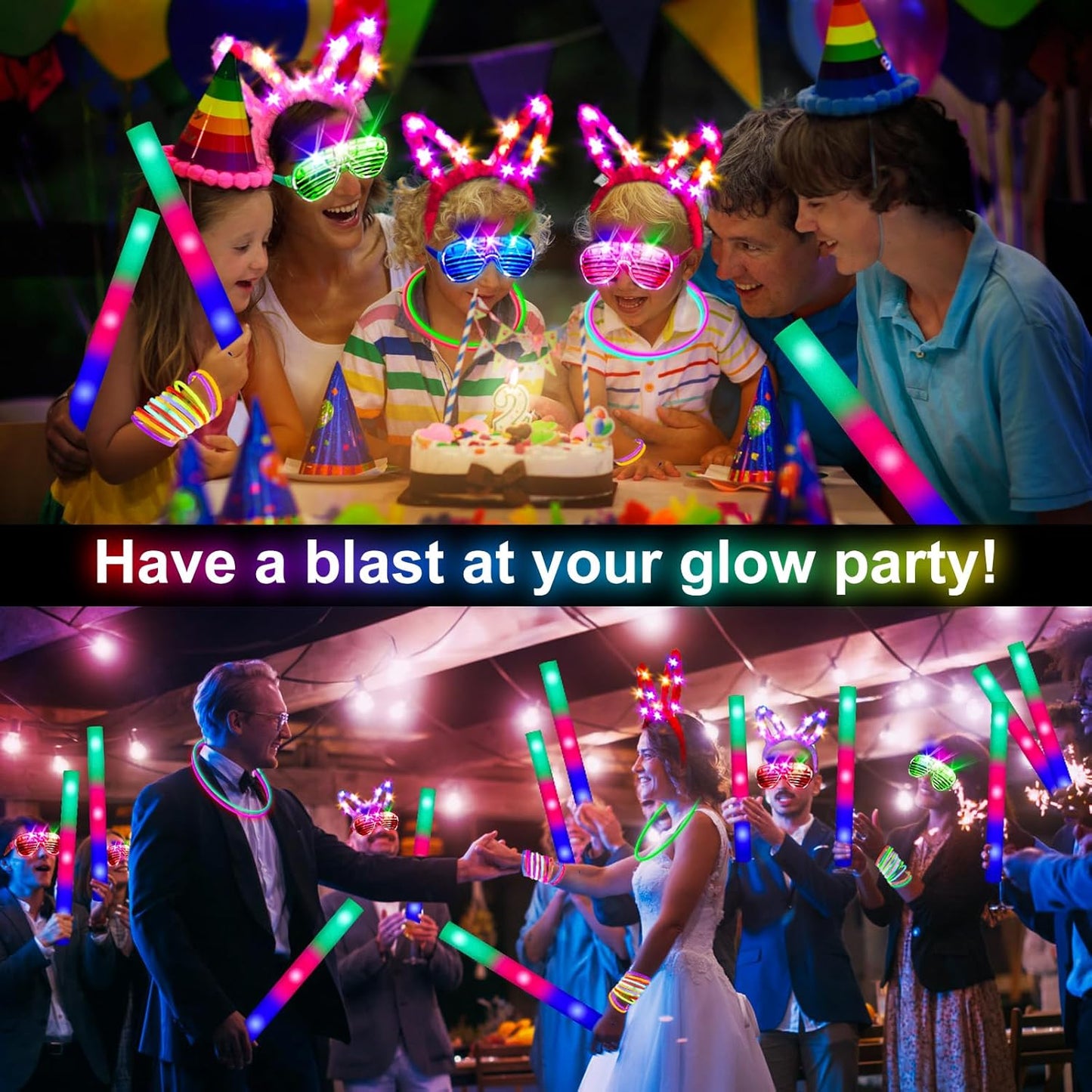 260 PCS Glow in the Dark Party Supplies, New Year Party Favors - 20 Foam Glow Sticks, LED Glasses, Bunny Ear Headbands and 200 Glow Sticks for Kids or Adults