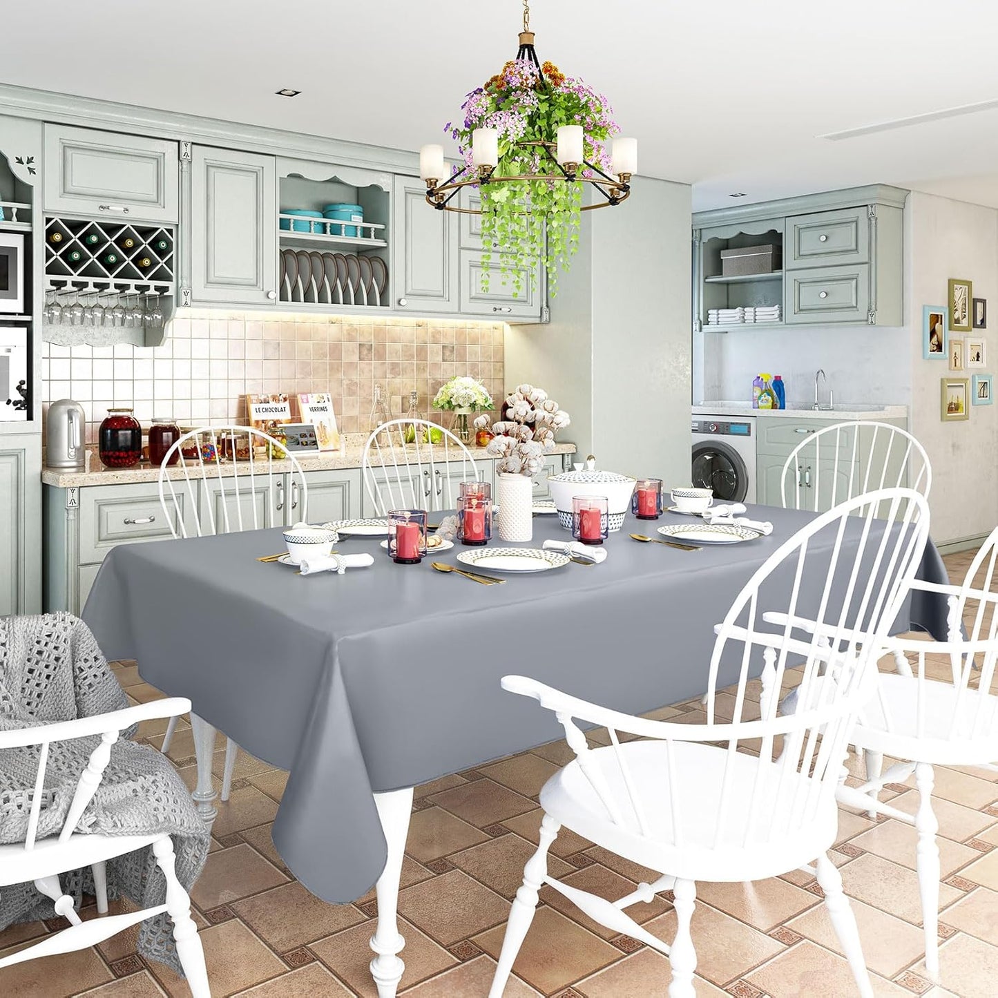 homing Rectangle Vinyl Tablecloth, Waterproof Spillproof Plastic Flannel Backed Table Cloth, Wipe Clean Table Cover for Dining, Buffet Parties and Camping (Grey, 60" x 120")