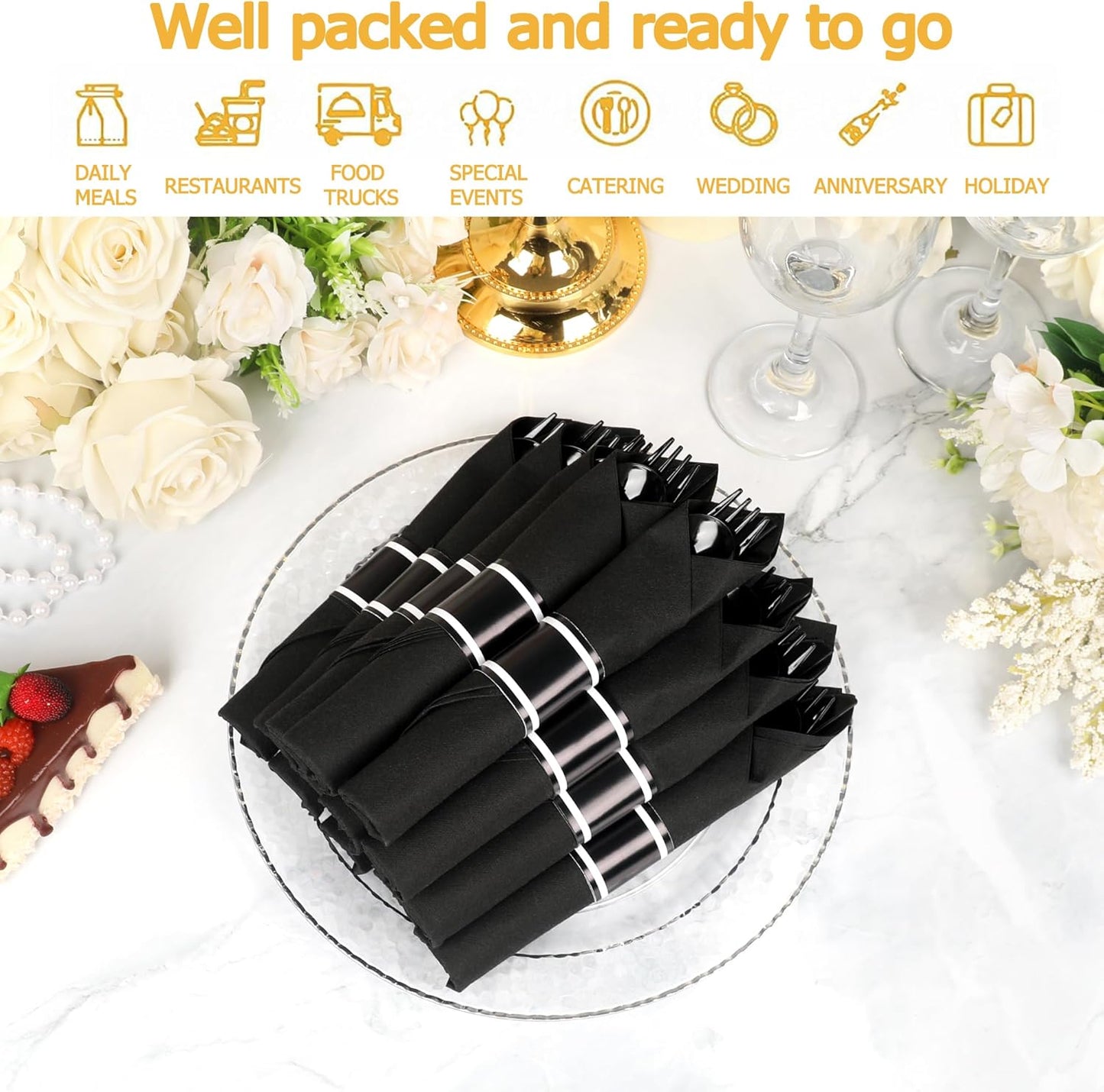 50 Pack Pre Rolled Black Plastic Silverware Set,Wrapped Plastic Cutlery Set with Napkin Include 50 Forks,50 Spoons,50 Knives and 50 Black Napkins for Party,Wedding