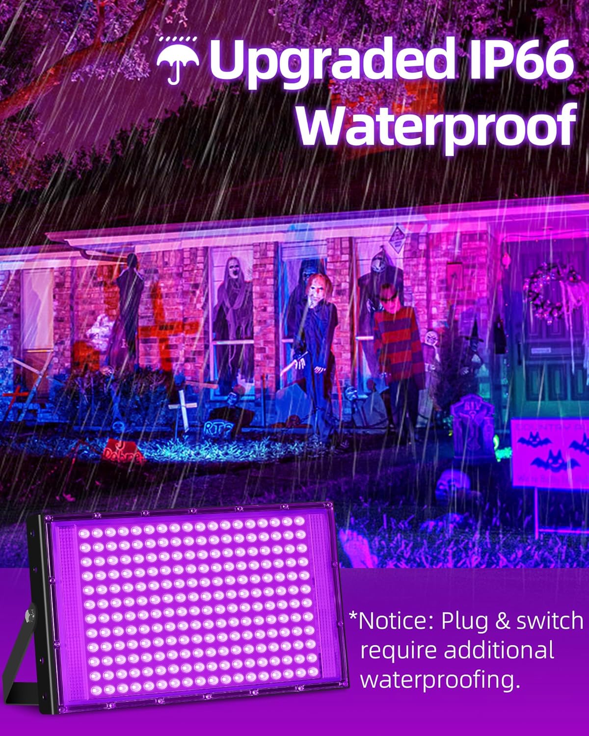 200W LED Black Lights IP66 Waterproof Black Light Outdoor with 10ft Plug+Switch, Flood Blacklight for Halloween Glow in The Dark Party Stage Light Neon Glow Birthday 2 Pack