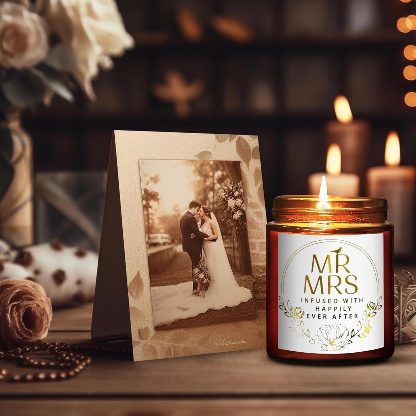 Wedding Gifts for Bride, Groom - Mr and Mrs Candle - Happy Engagement Gift for Her, Bride to Be - Gifts for Bridal Shower, Newlywed, Married Couples Anniversary - Jasmine Scented Soy Candle