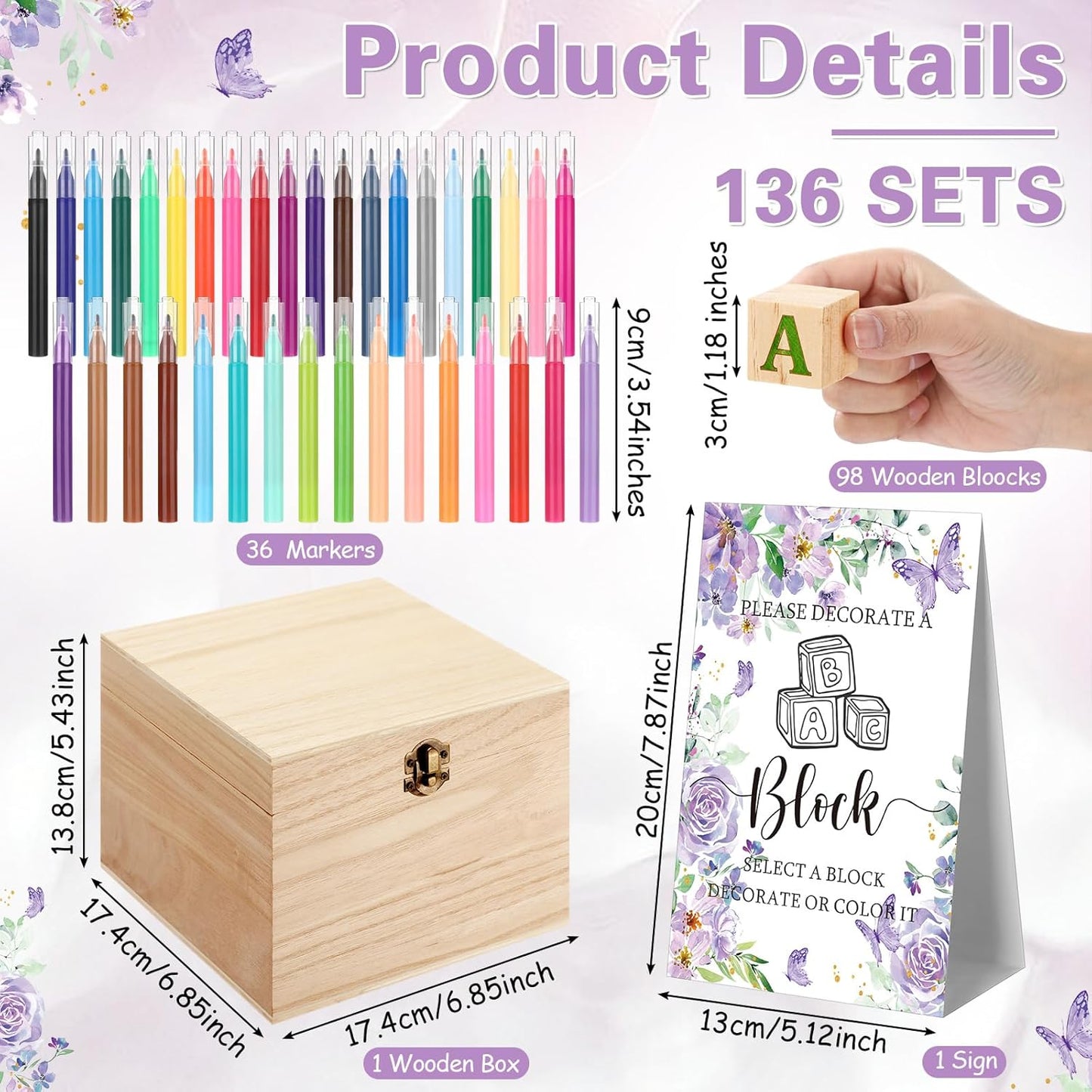 Marsui 136 Pcs Baby Shower Blocks to Decorate Game Kit Includes 98 Wooden Blocks, 36 Markers, 1 Game Sign, 1 Storage Box for Baby Shower Gender Reveal Activity Party Decorations(Butterfly)