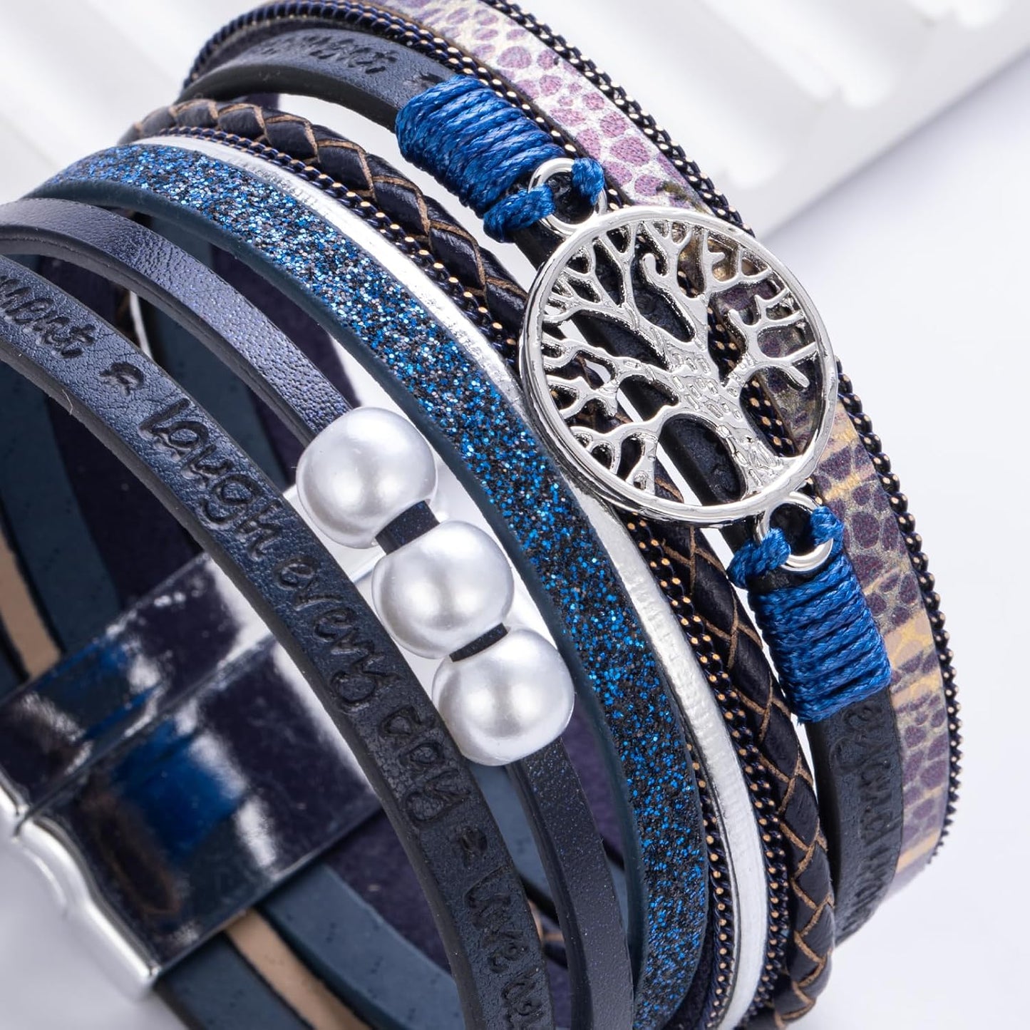 FANCY SHINY Tree of Life Leather Wrap Bracelet Inspirational Cuff Bangles Boho Pearl Bracelets with Magnetic Clasp Unique Jewelry Gifts for Women