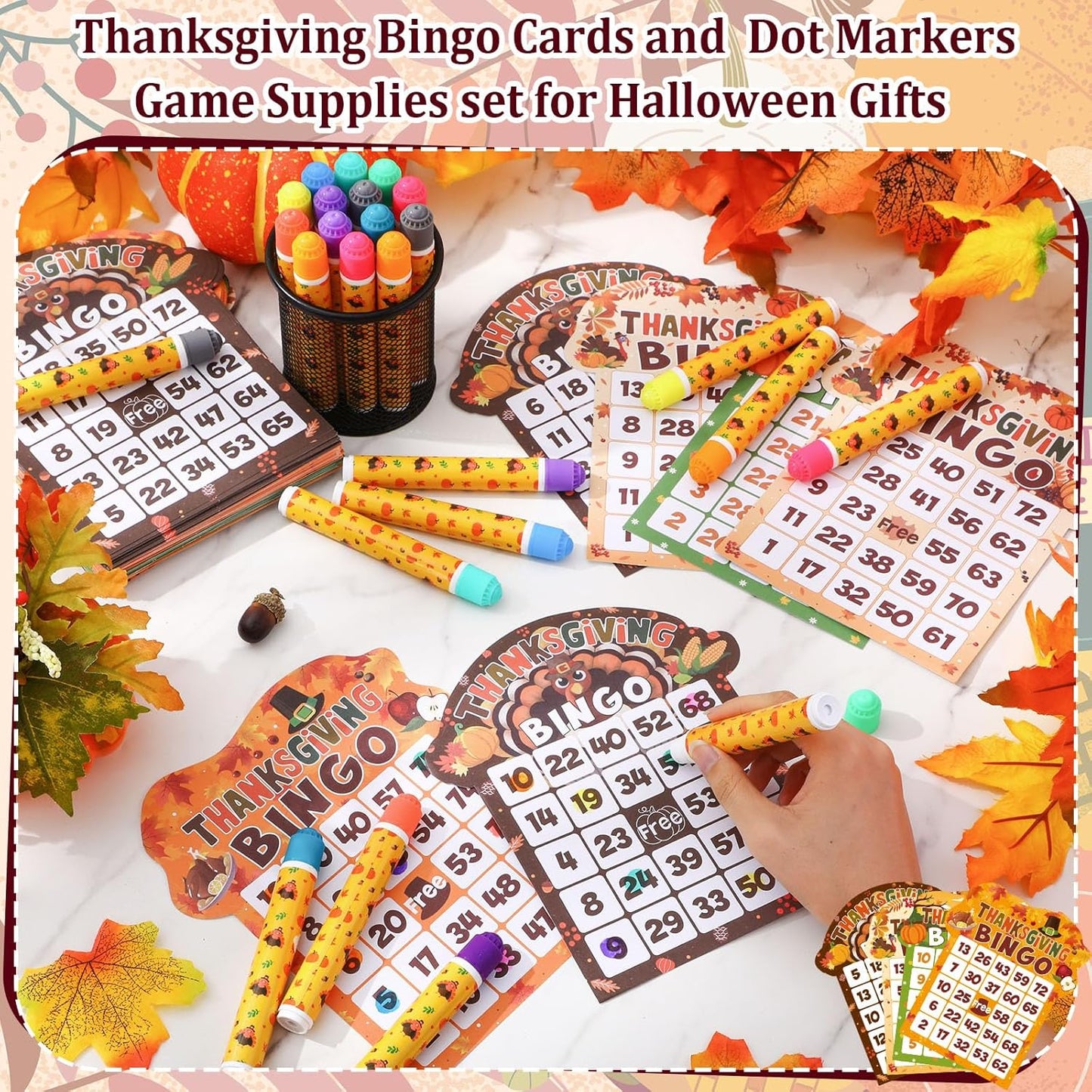 Eersida 192 Pack Thanksgiving Bingo Game Cards and 0.4 oz Dot Daubers Set Includes 144 Bingo Cards and 48 Dot Markers Game Supplies Set for Thanksgiving Gifts Party Favor Supplies Family Casino Night