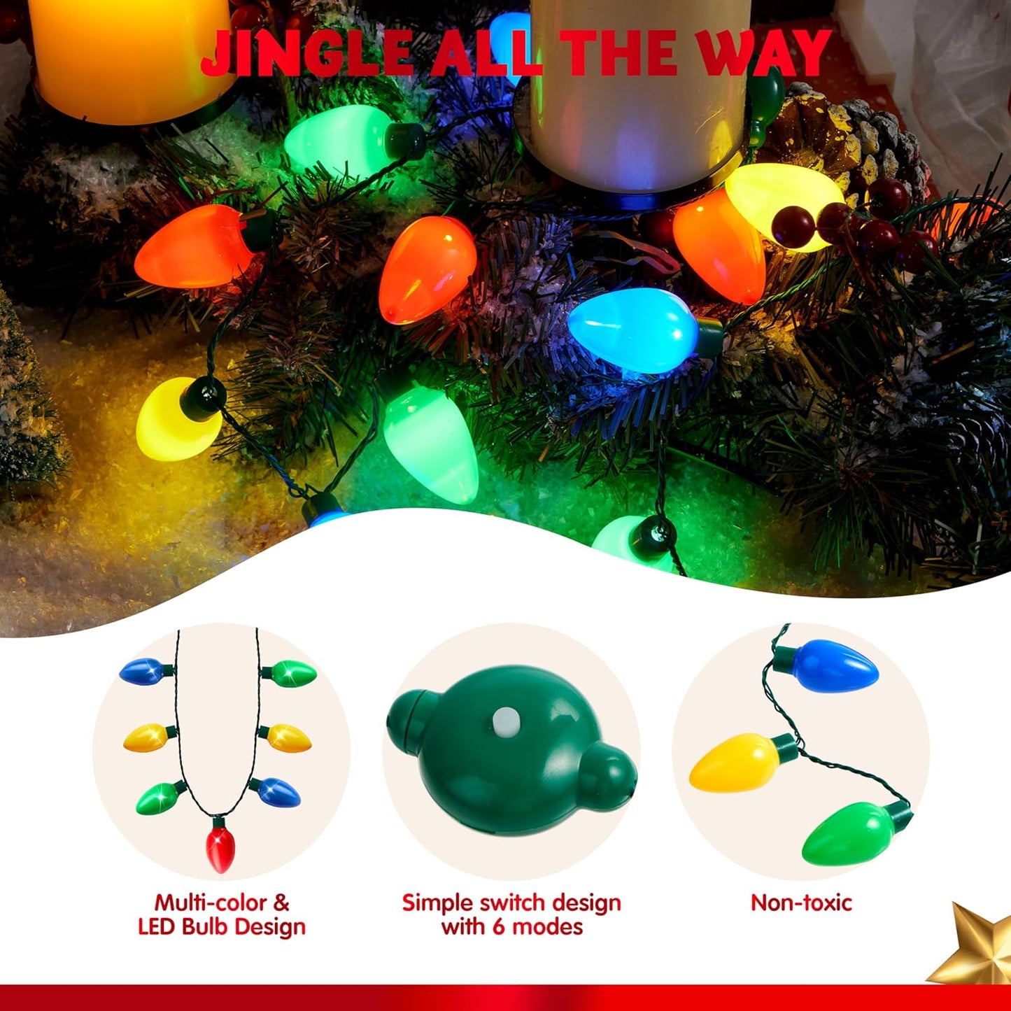 JOYIN 3 Packs Christmas Necklace LED Light Up Necklaces 9 Bulbs LED Holiday Party Favor Costume Accessories for Christmas Xmas Favor Party Supply